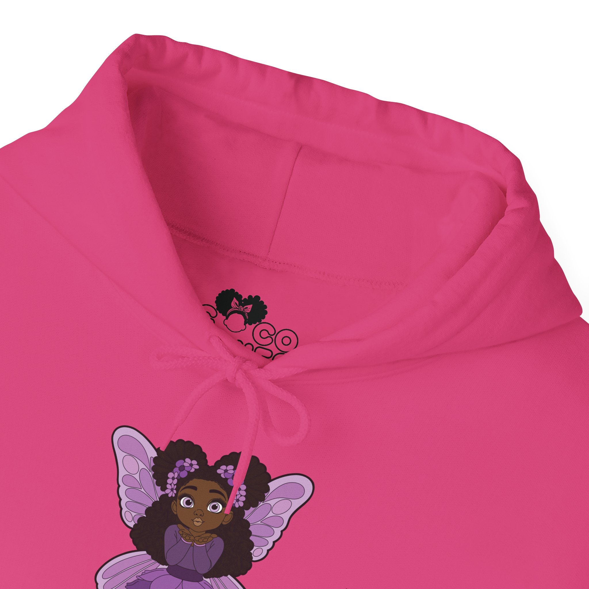 Amber Amazingpuff Women’s Hoodie Sweatshirt by COCO PIXIES featuring a whimsical Black pixie with natural afro puffs, purple wings, and a layered purple dress printed on a soft adult pullover hoodie.
