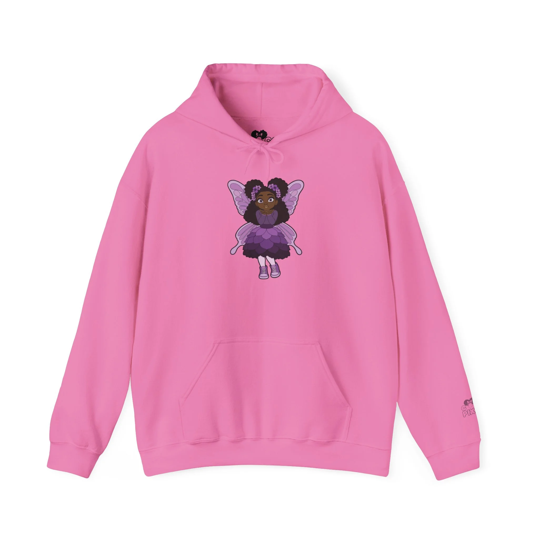 Amber Amazingpuff Women’s Hoodie Sweatshirt by COCO PIXIES featuring a whimsical Black pixie with natural afro puffs, purple wings, and a layered purple dress printed on a soft adult pullover hoodie.