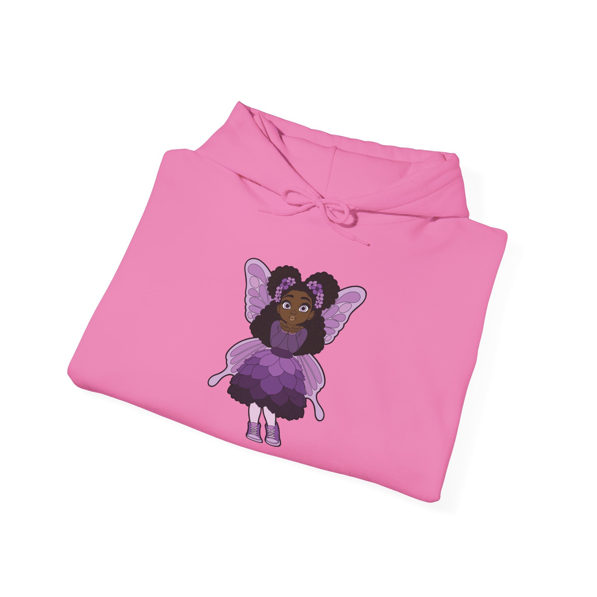 Amber Amazingpuff Women’s Hoodie Sweatshirt by COCO PIXIES featuring a whimsical Black pixie with natural afro puffs, purple wings, and a layered purple dress printed on a soft adult pullover hoodie.