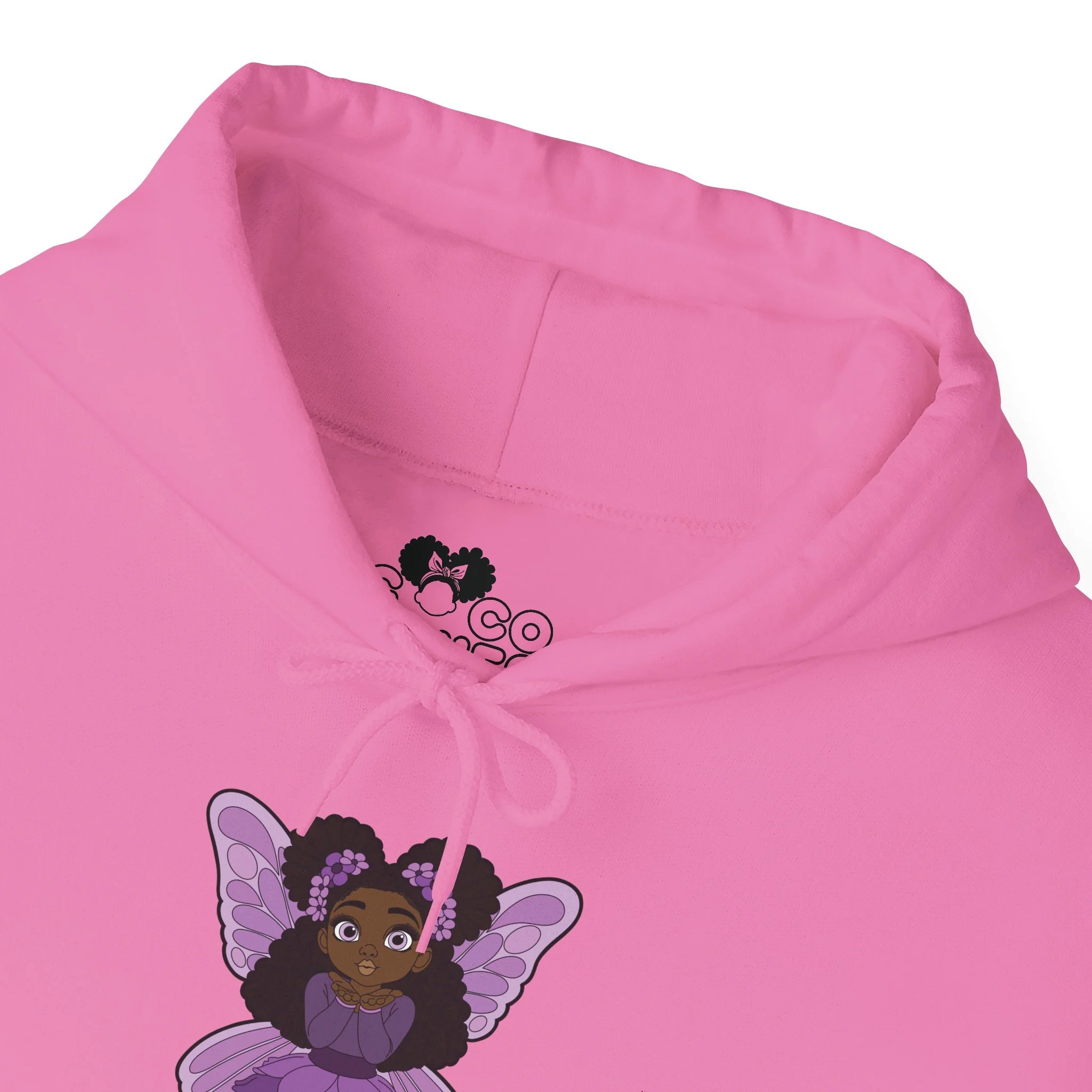 Amber Amazingpuff Women’s Hoodie Sweatshirt by COCO PIXIES featuring a whimsical Black pixie with natural afro puffs, purple wings, and a layered purple dress printed on a soft adult pullover hoodie.