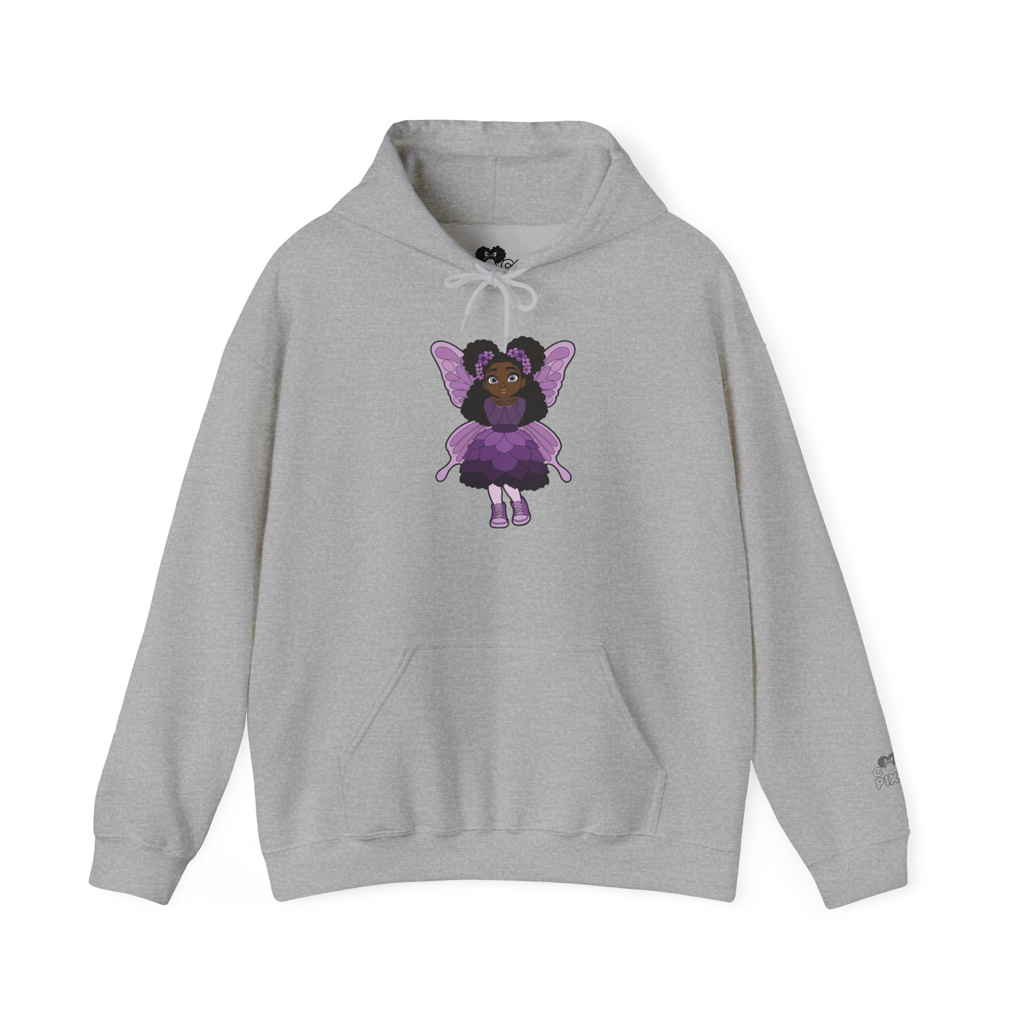 Amber Amazingpuff Women’s Hoodie Sweatshirt by COCO PIXIES featuring a whimsical Black pixie with natural afro puffs, purple wings, and a layered purple dress printed on a soft adult pullover hoodie.