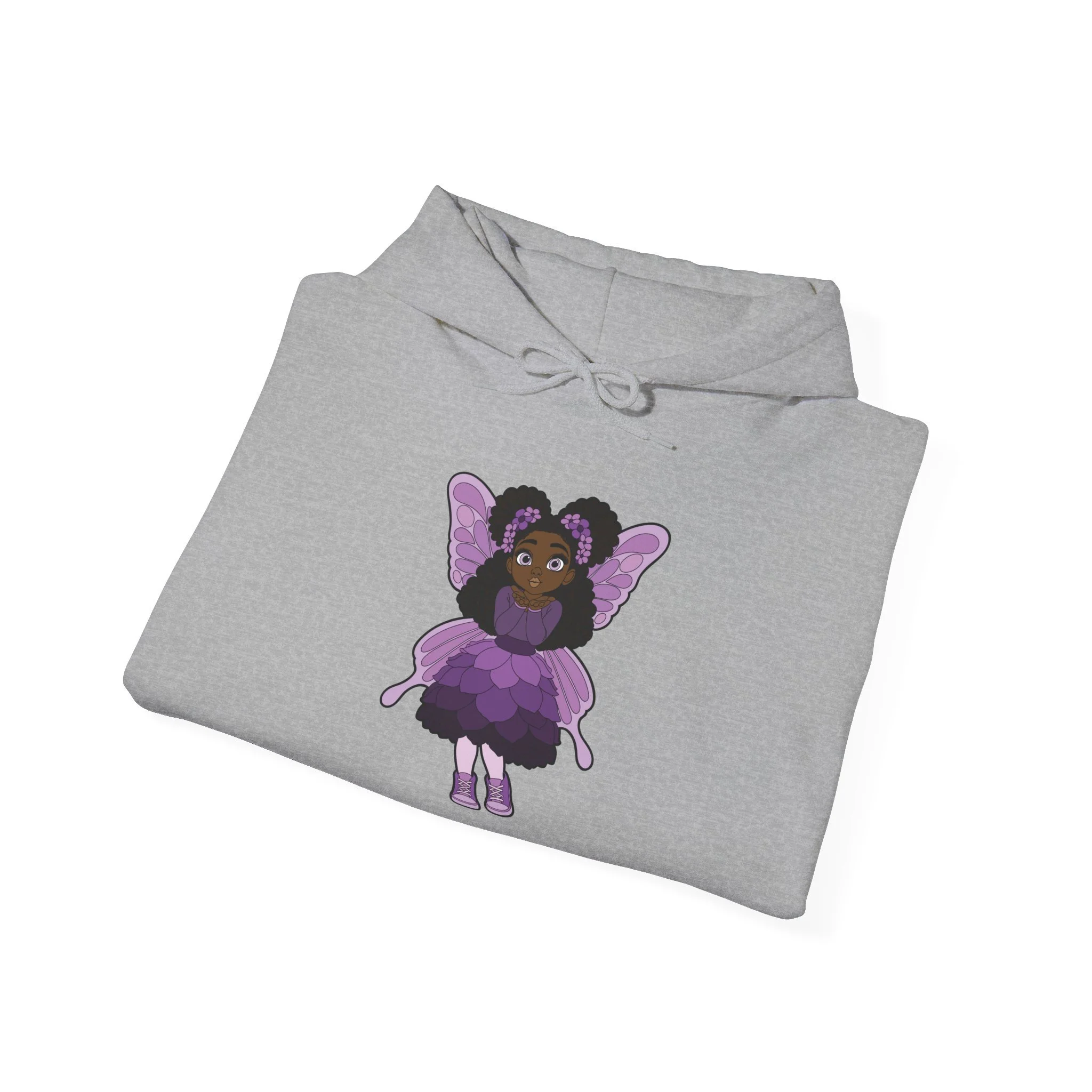 Amber Amazingpuff Women’s Hoodie Sweatshirt by COCO PIXIES featuring a whimsical Black pixie with natural afro puffs, purple wings, and a layered purple dress printed on a soft adult pullover hoodie.