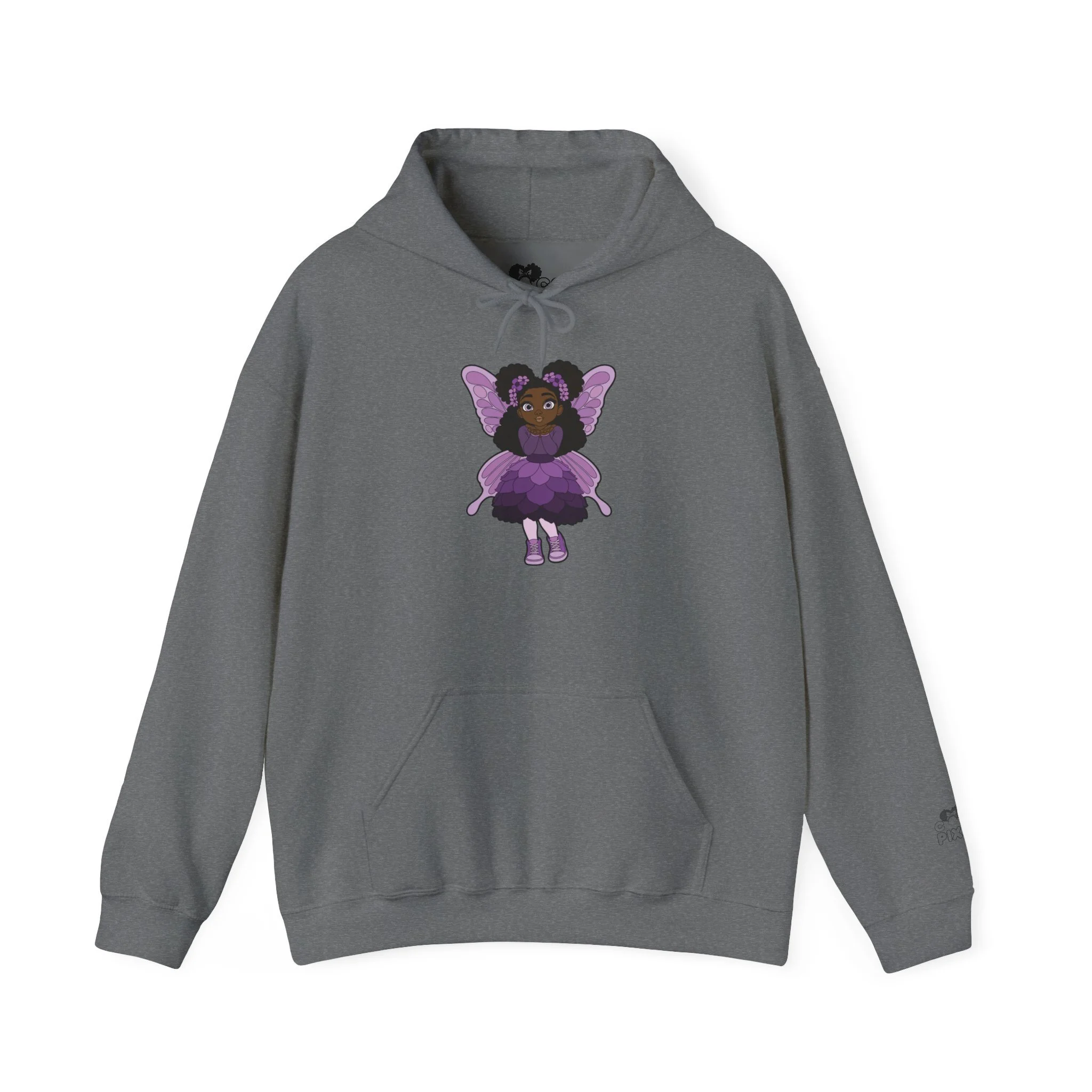 Amber Amazingpuff Women’s Hoodie Sweatshirt by COCO PIXIES featuring a whimsical Black pixie with natural afro puffs, purple wings, and a layered purple dress printed on a soft adult pullover hoodie.