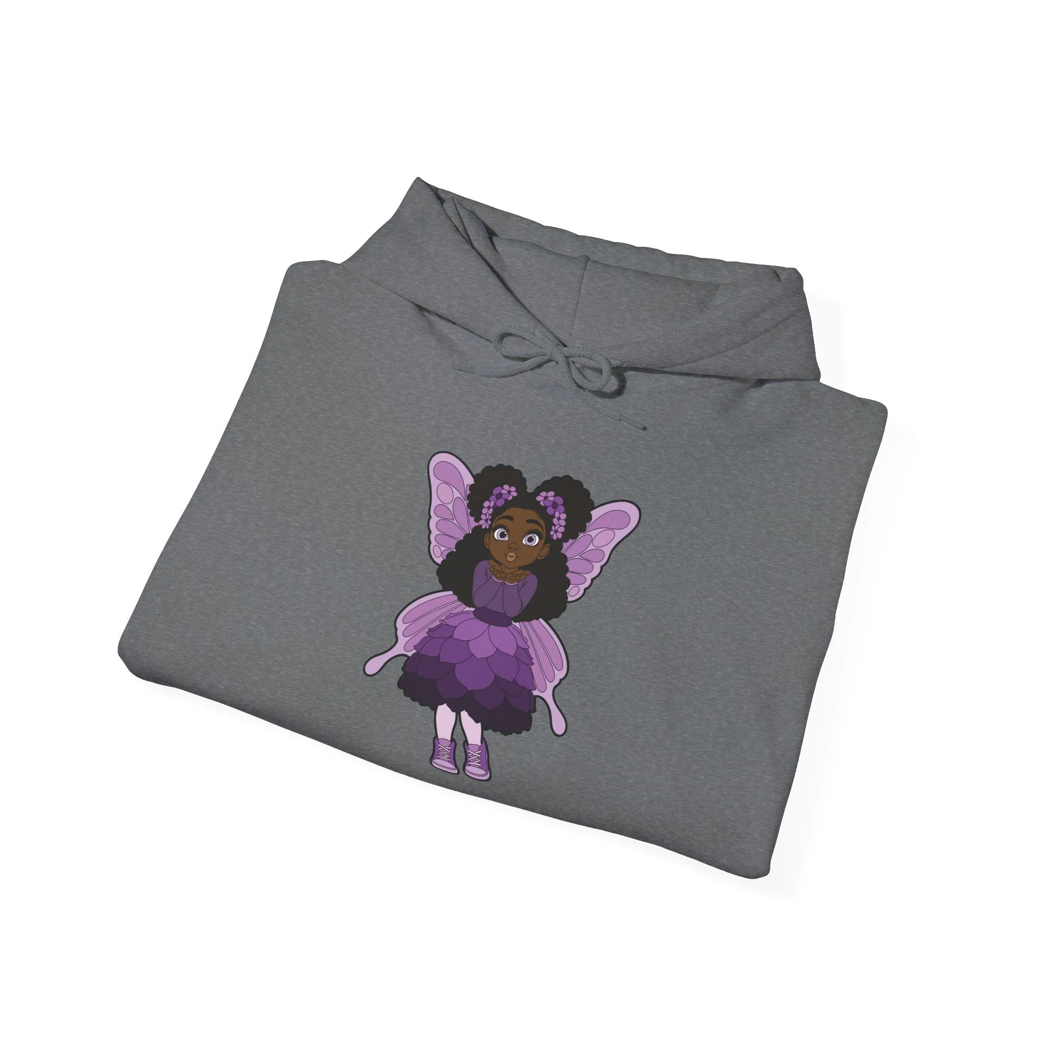 Amber Amazingpuff Women’s Hoodie Sweatshirt by COCO PIXIES featuring a whimsical Black pixie with natural afro puffs, purple wings, and a layered purple dress printed on a soft adult pullover hoodie.