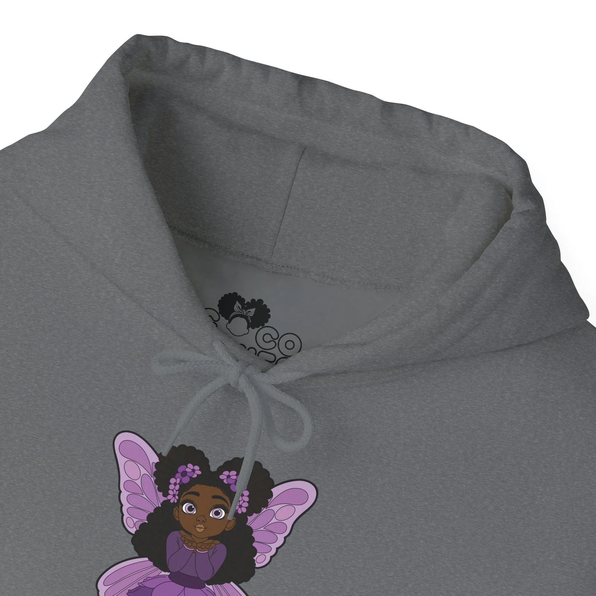 Amber Amazingpuff Women’s Hoodie Sweatshirt by COCO PIXIES featuring a whimsical Black pixie with natural afro puffs, purple wings, and a layered purple dress printed on a soft adult pullover hoodie.