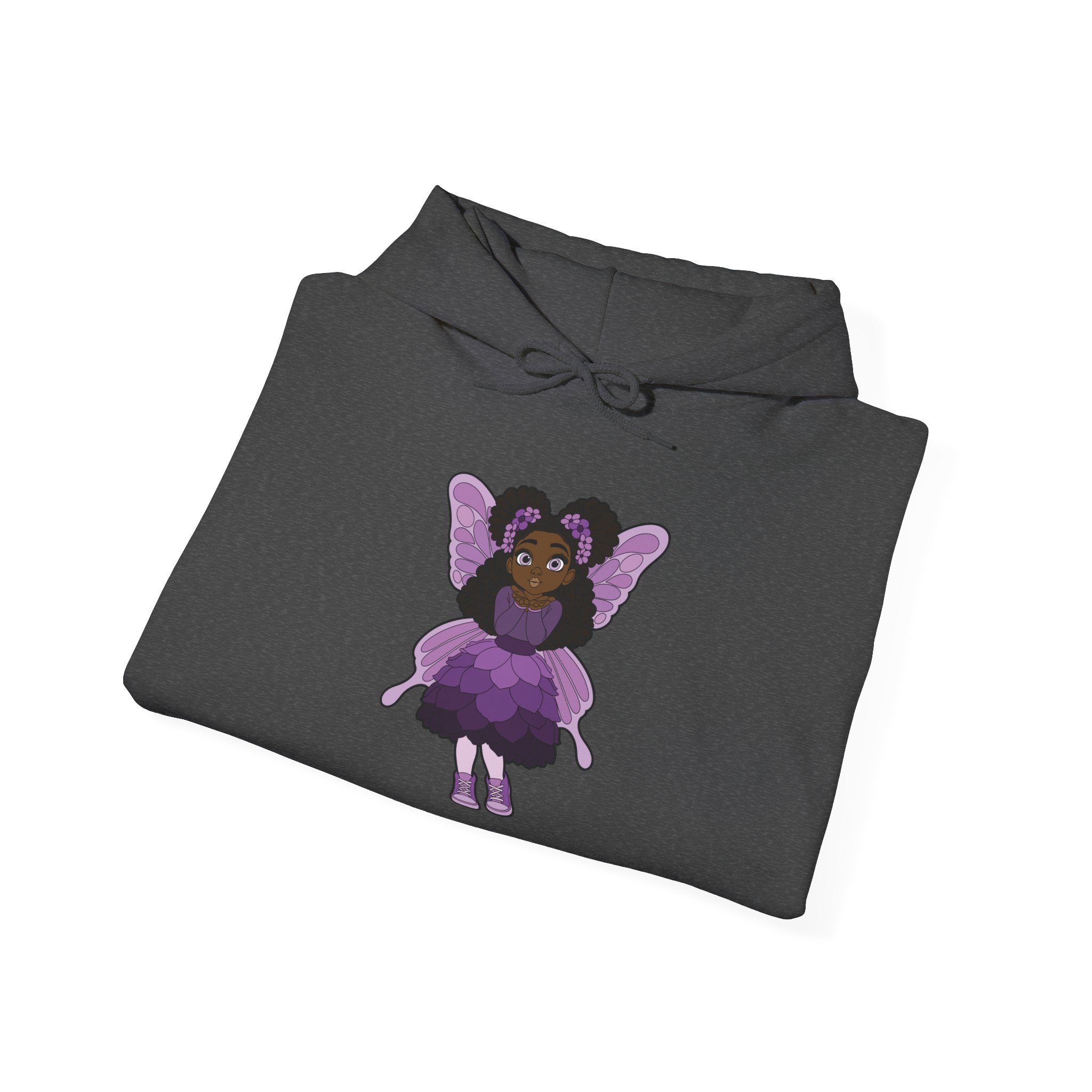 Amber Amazingpuff Women’s Hoodie Sweatshirt by COCO PIXIES featuring a whimsical Black pixie with natural afro puffs, purple wings, and a layered purple dress printed on a soft adult pullover hoodie.