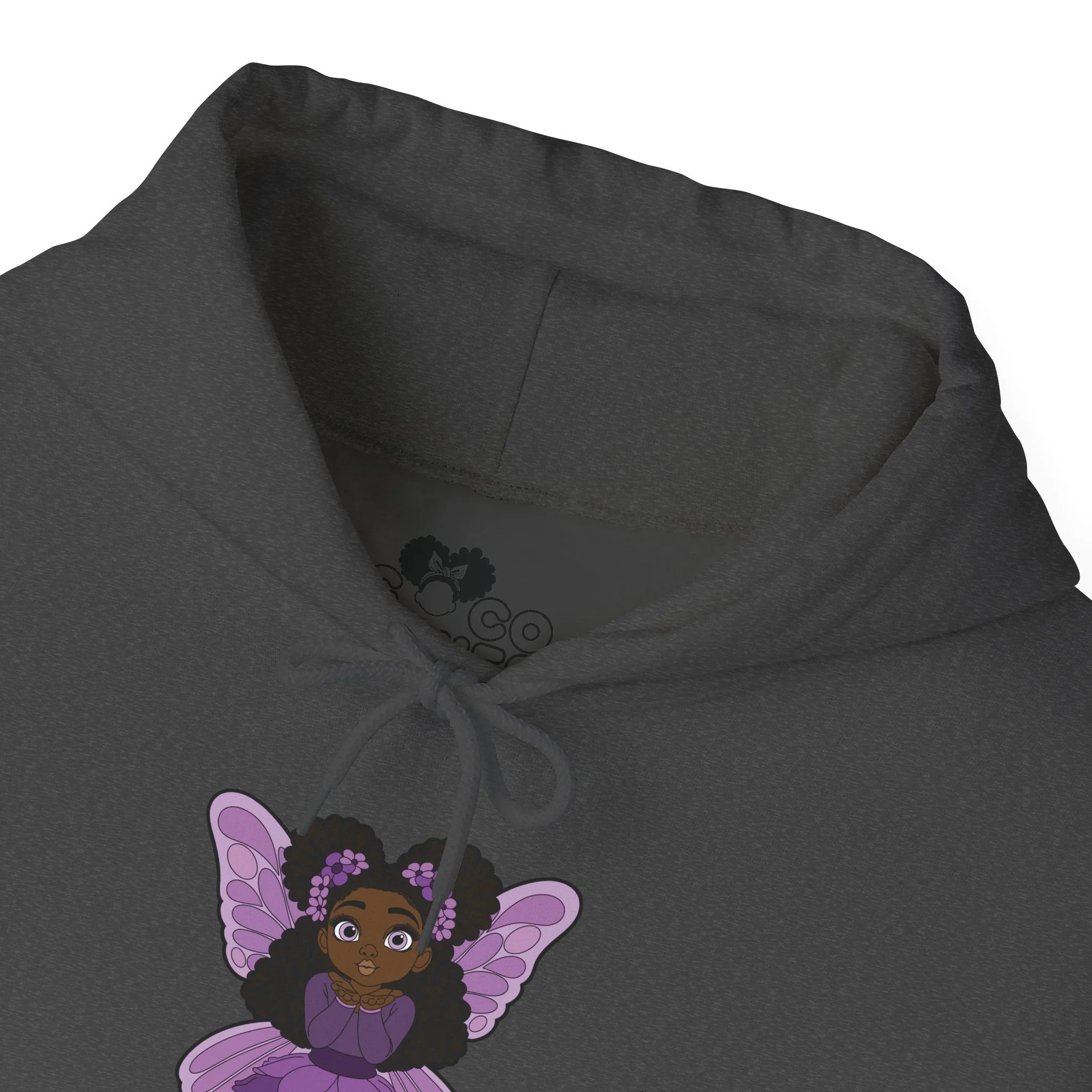 Amber Amazingpuff Women’s Hoodie Sweatshirt by COCO PIXIES featuring a whimsical Black pixie with natural afro puffs, purple wings, and a layered purple dress printed on a soft adult pullover hoodie.