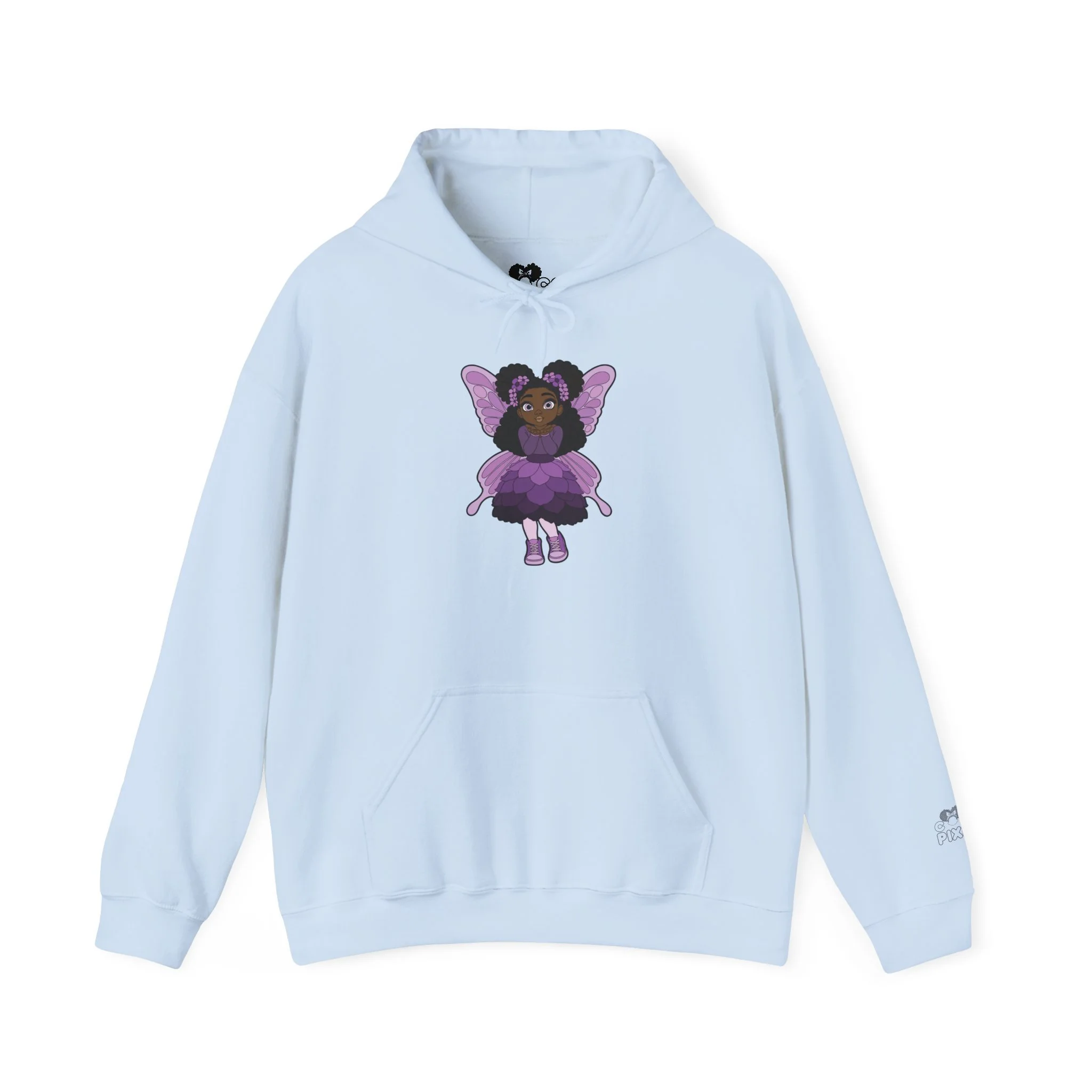 Amber Amazingpuff Women’s Hoodie Sweatshirt by COCO PIXIES featuring a whimsical Black pixie with natural afro puffs, purple wings, and a layered purple dress printed on a soft adult pullover hoodie.