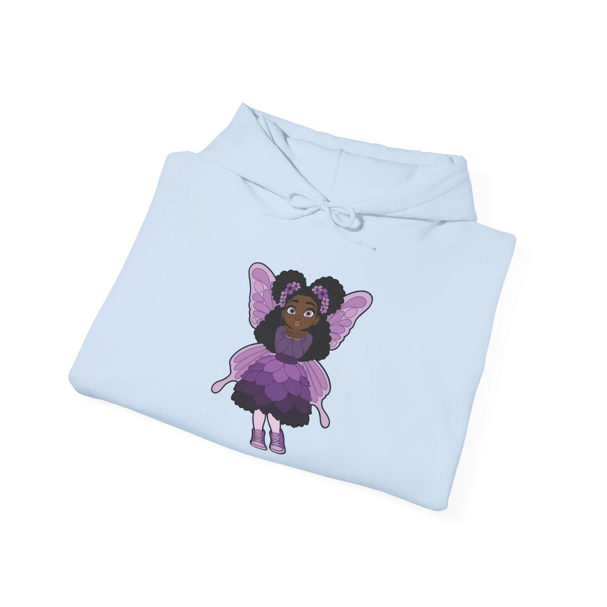 Amber Amazingpuff Women’s Hoodie Sweatshirt by COCO PIXIES featuring a whimsical Black pixie with natural afro puffs, purple wings, and a layered purple dress printed on a soft adult pullover hoodie.