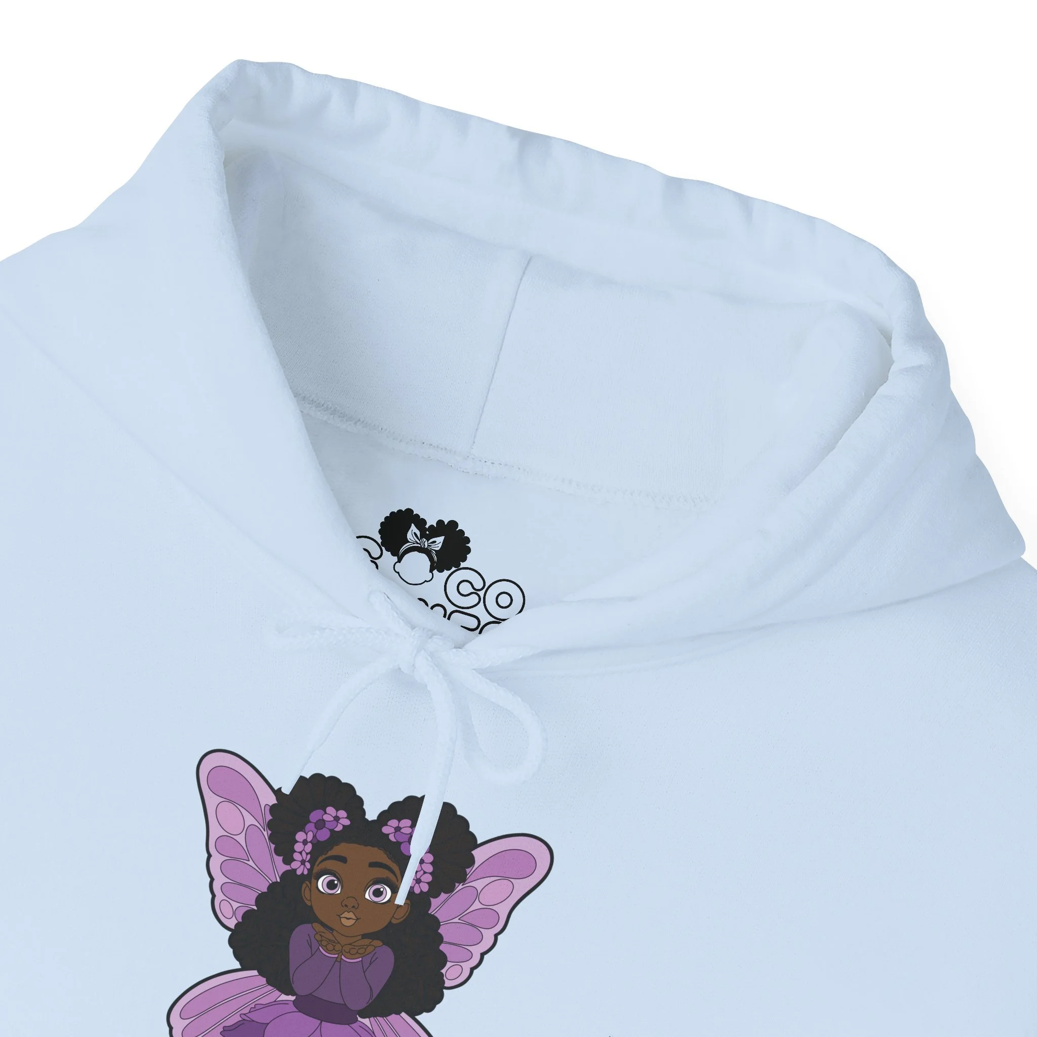 Amber Amazingpuff Women’s Hoodie Sweatshirt by COCO PIXIES featuring a whimsical Black pixie with natural afro puffs, purple wings, and a layered purple dress printed on a soft adult pullover hoodie.