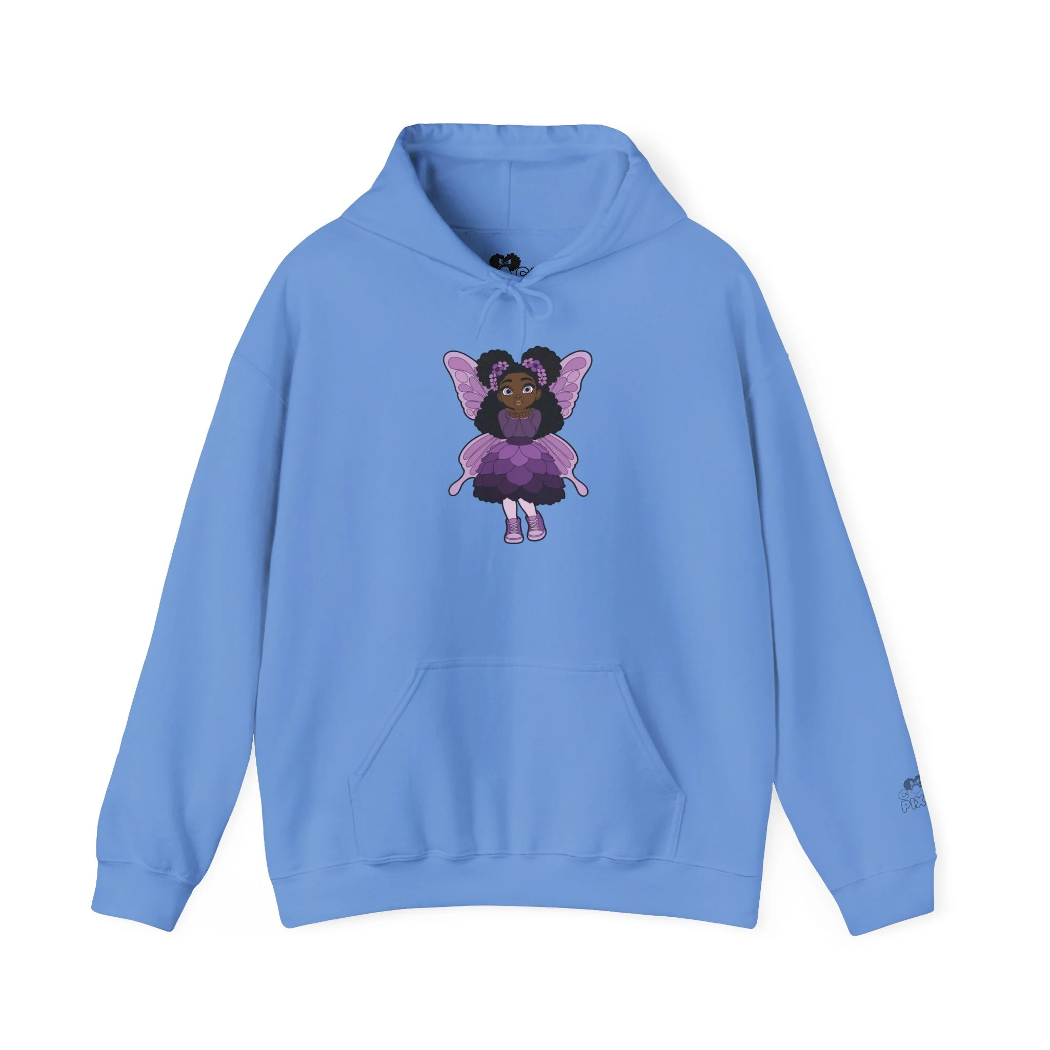 Amber Amazingpuff Women’s Hoodie Sweatshirt by COCO PIXIES featuring a whimsical Black pixie with natural afro puffs, purple wings, and a layered purple dress printed on a soft adult pullover hoodie.