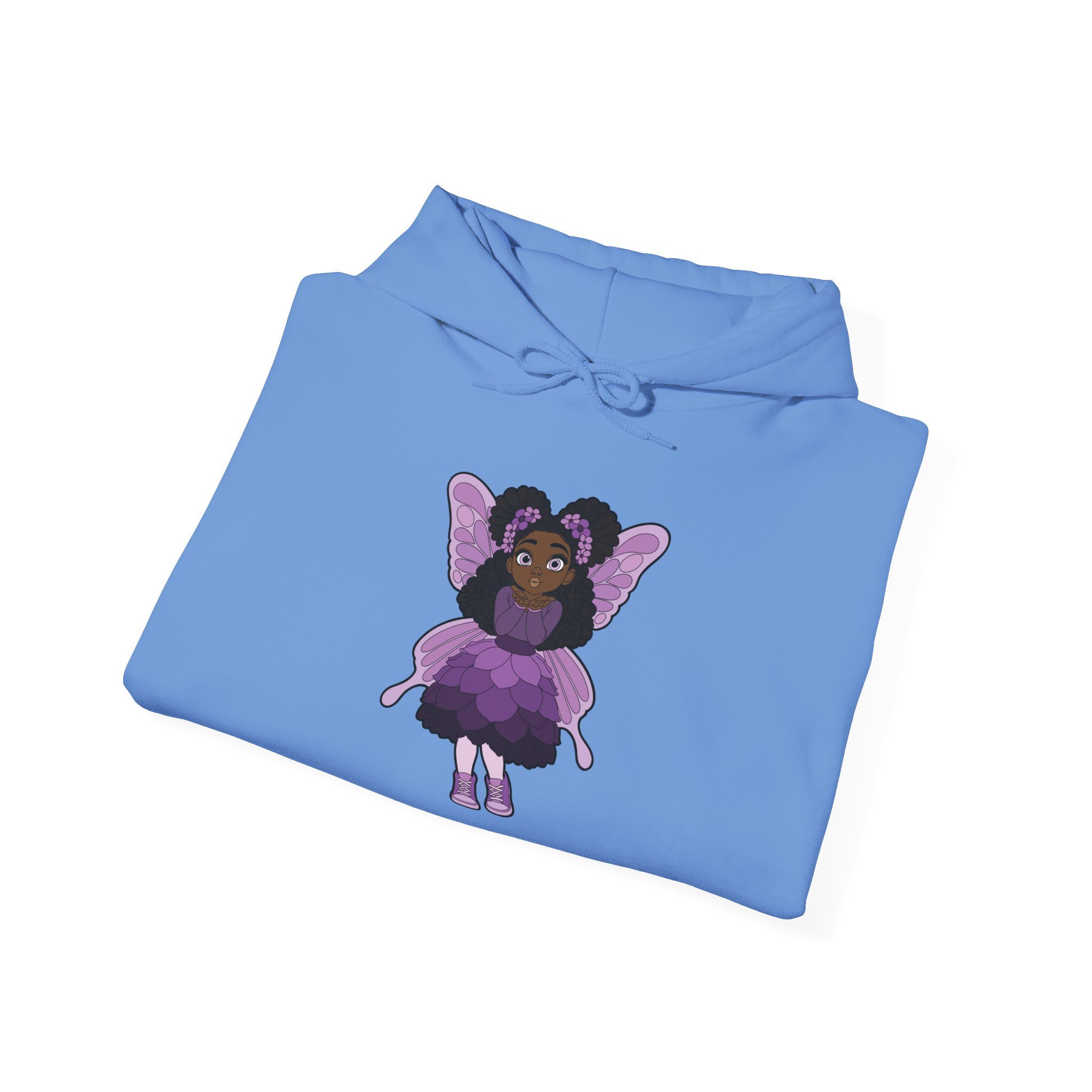 Amber Amazingpuff Women’s Hoodie Sweatshirt by COCO PIXIES featuring a whimsical Black pixie with natural afro puffs, purple wings, and a layered purple dress printed on a soft adult pullover hoodie.