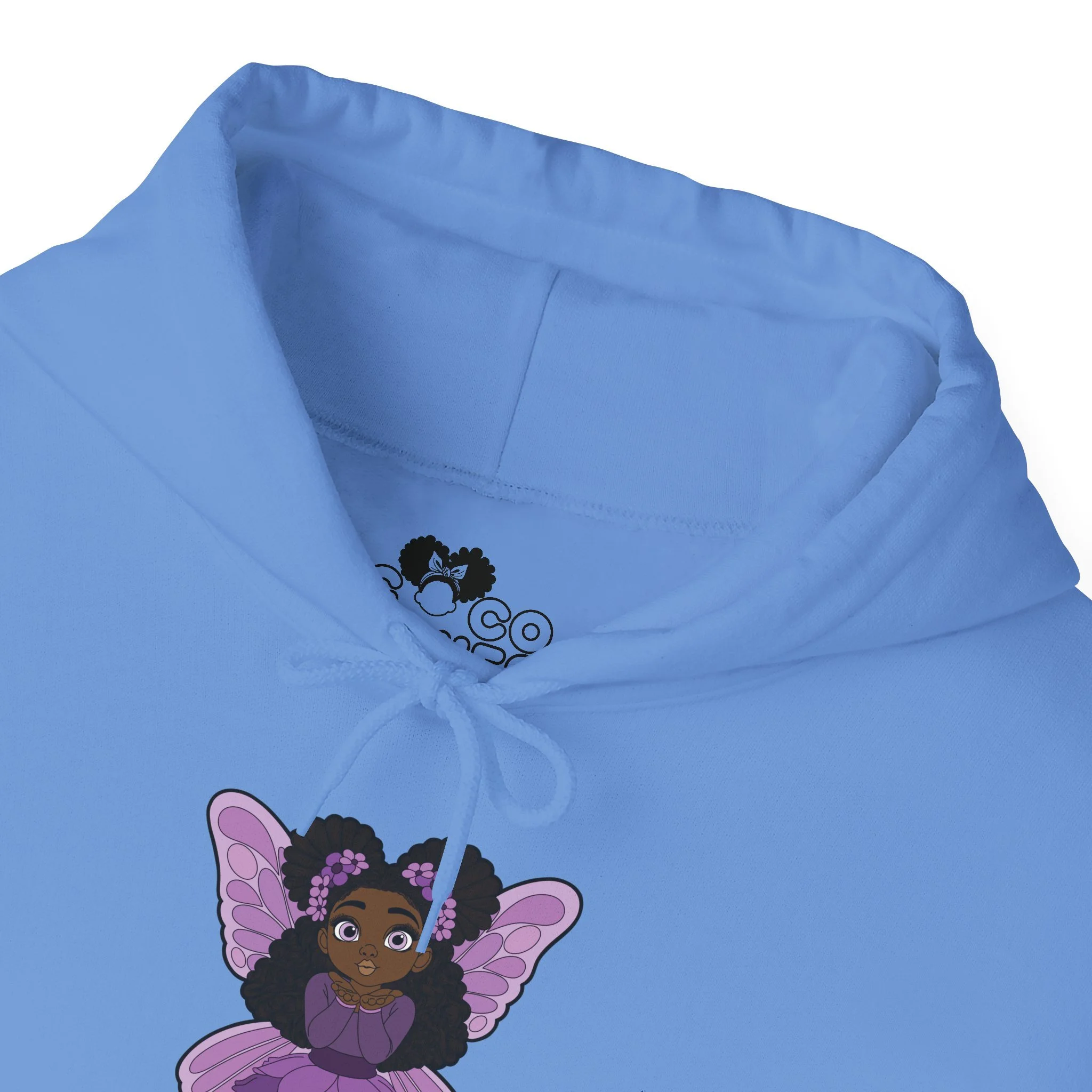 Amber Amazingpuff Women’s Hoodie Sweatshirt by COCO PIXIES featuring a whimsical Black pixie with natural afro puffs, purple wings, and a layered purple dress printed on a soft adult pullover hoodie.