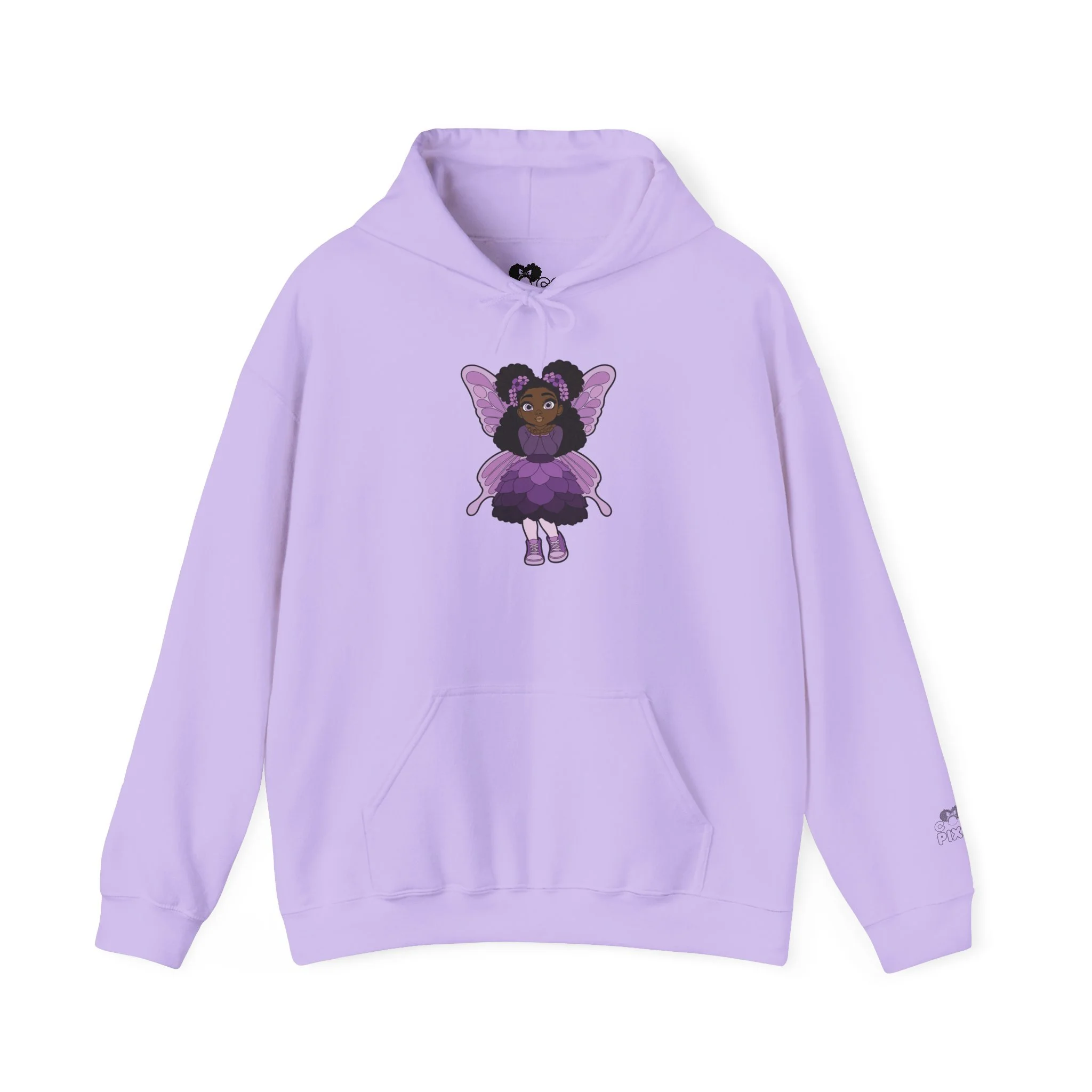 Amber Amazingpuff Women’s Hoodie Sweatshirt by COCO PIXIES featuring a whimsical Black pixie with natural afro puffs, purple wings, and a layered purple dress printed on a soft adult pullover hoodie.