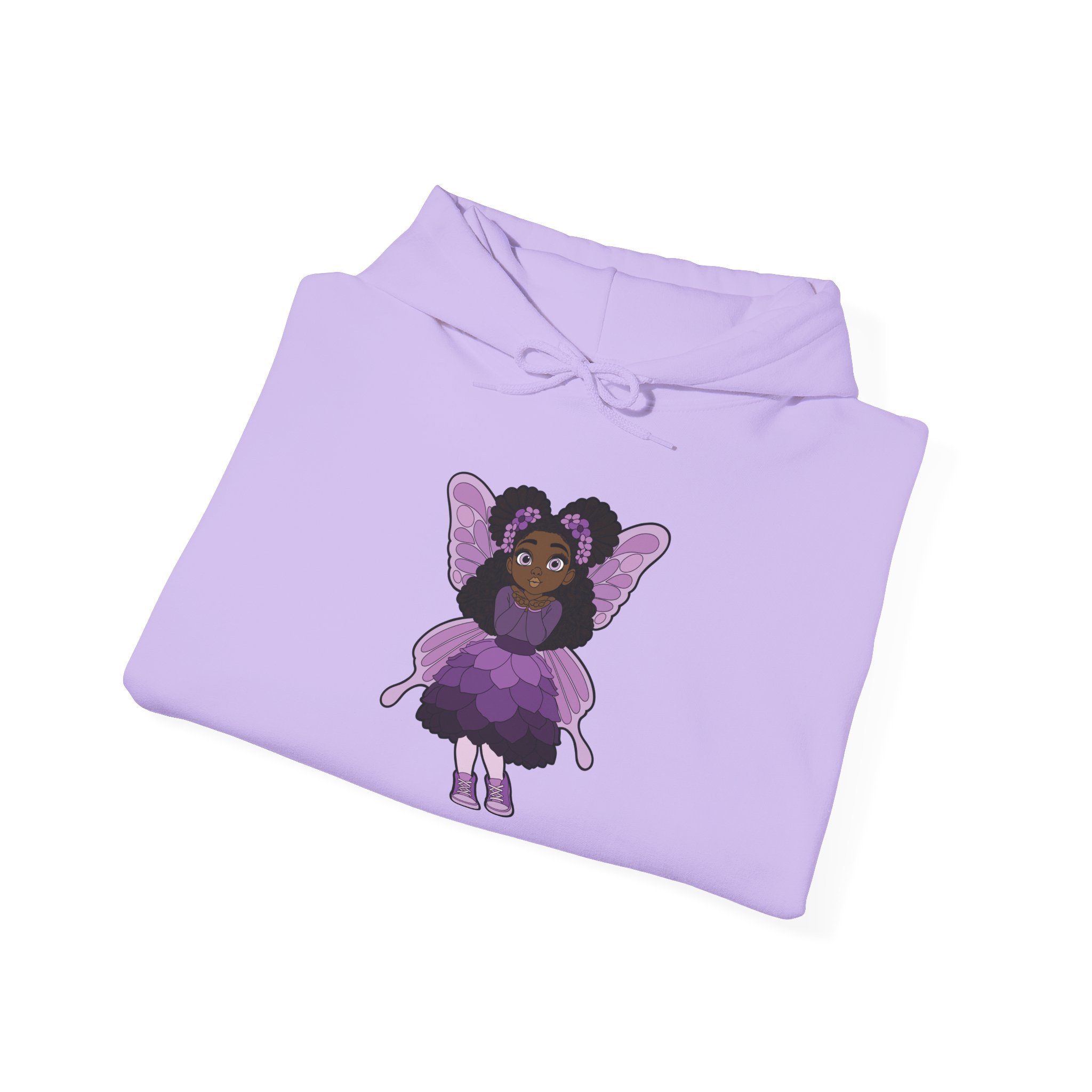 Amber Amazingpuff Women’s Hoodie Sweatshirt by COCO PIXIES featuring a whimsical Black pixie with natural afro puffs, purple wings, and a layered purple dress printed on a soft adult pullover hoodie.