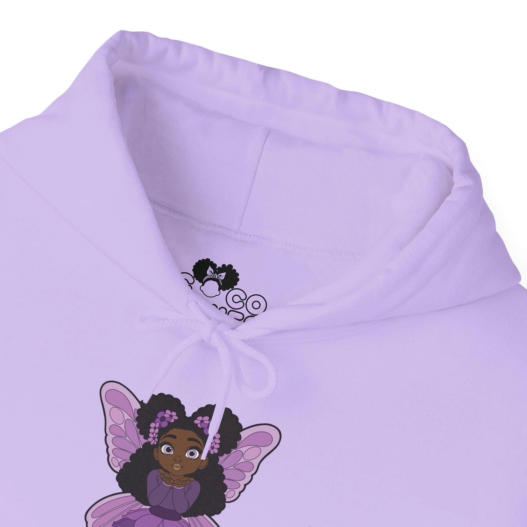 Amber Amazingpuff Women’s Hoodie Sweatshirt by COCO PIXIES featuring a whimsical Black pixie with natural afro puffs, purple wings, and a layered purple dress printed on a soft adult pullover hoodie.
