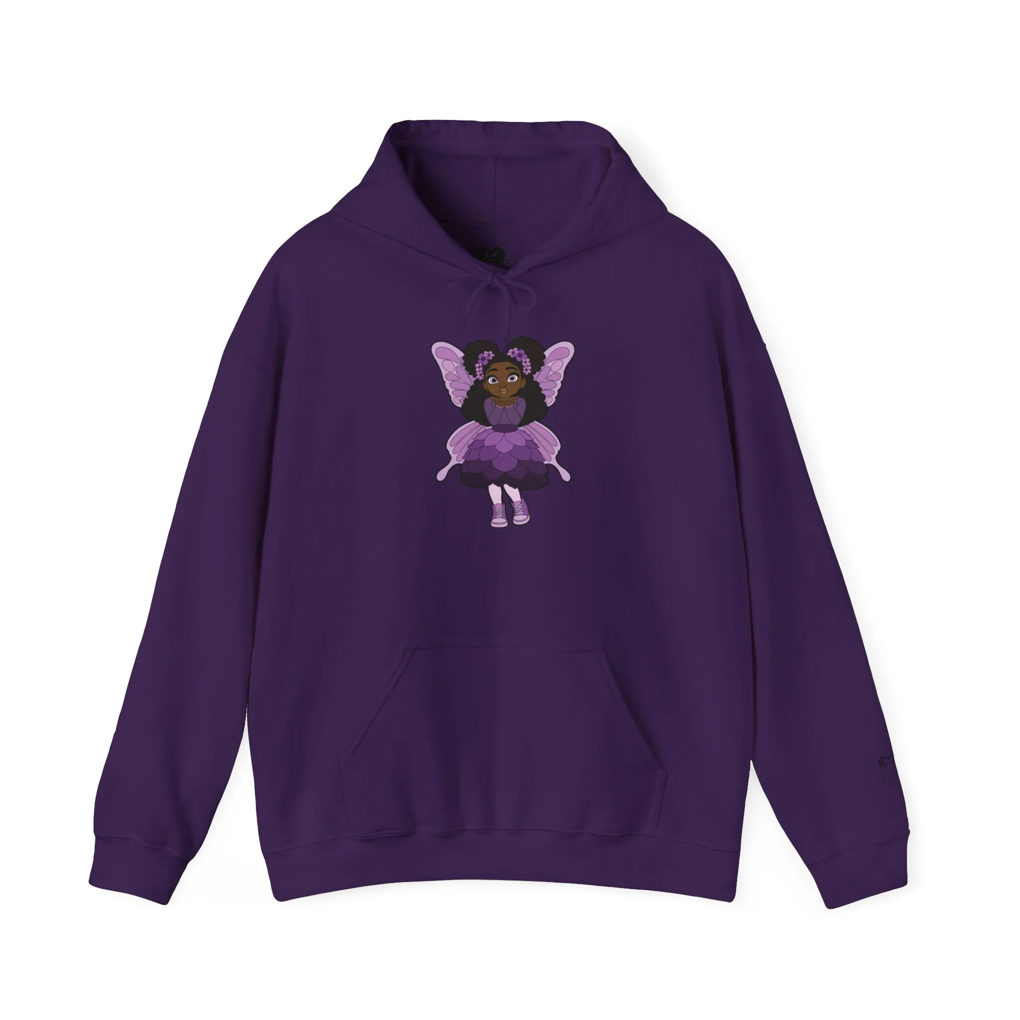 Amber Amazingpuff Women’s Hoodie Sweatshirt by COCO PIXIES featuring a whimsical Black pixie with natural afro puffs, purple wings, and a layered purple dress printed on a soft adult pullover hoodie.