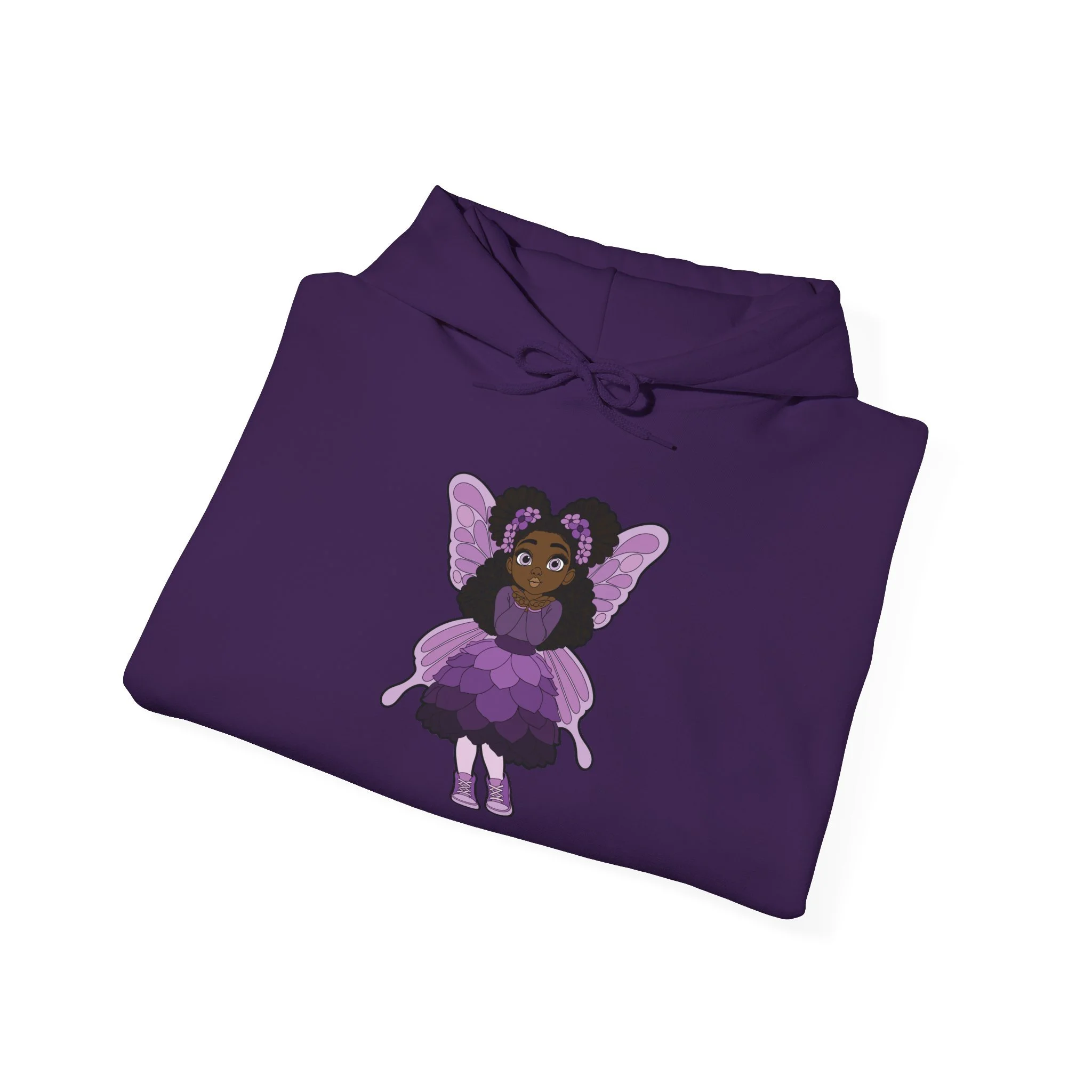 Amber Amazingpuff Women’s Hoodie Sweatshirt by COCO PIXIES featuring a whimsical Black pixie with natural afro puffs, purple wings, and a layered purple dress printed on a soft adult pullover hoodie.