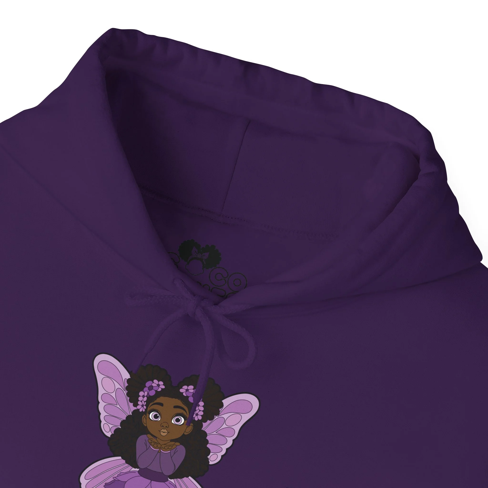 Amber Amazingpuff Women’s Hoodie Sweatshirt by COCO PIXIES featuring a whimsical Black pixie with natural afro puffs, purple wings, and a layered purple dress printed on a soft adult pullover hoodie.