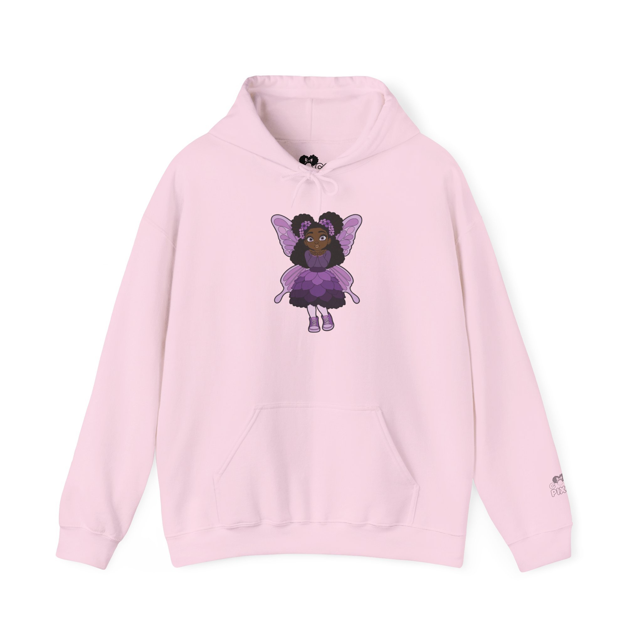 Amber Amazingpuff Women’s Hoodie Sweatshirt by COCO PIXIES featuring a whimsical Black pixie with natural afro puffs, purple wings, and a layered purple dress printed on a soft adult pullover hoodie.