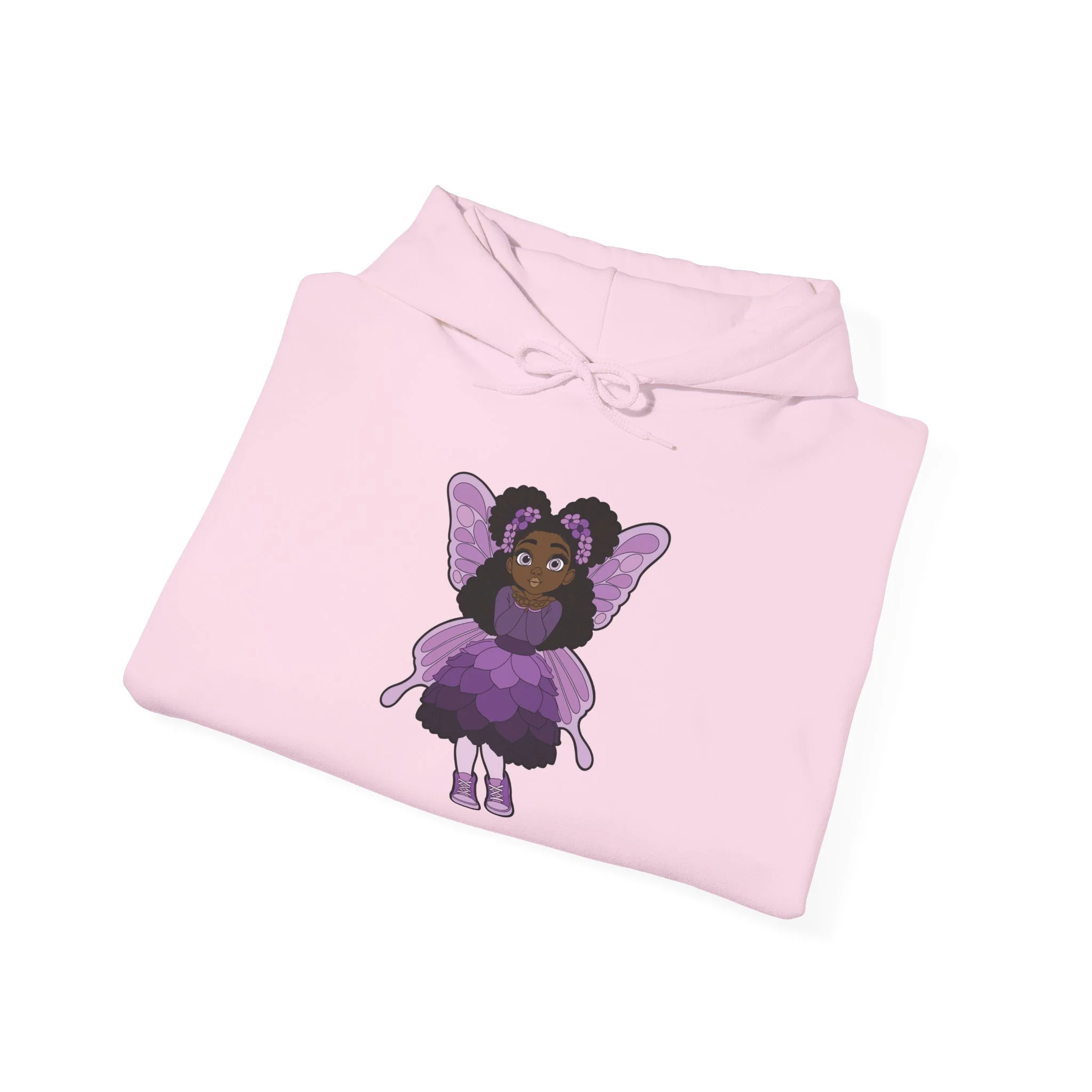 Amber Amazingpuff Women’s Hoodie Sweatshirt by COCO PIXIES featuring a whimsical Black pixie with natural afro puffs, purple wings, and a layered purple dress printed on a soft adult pullover hoodie.