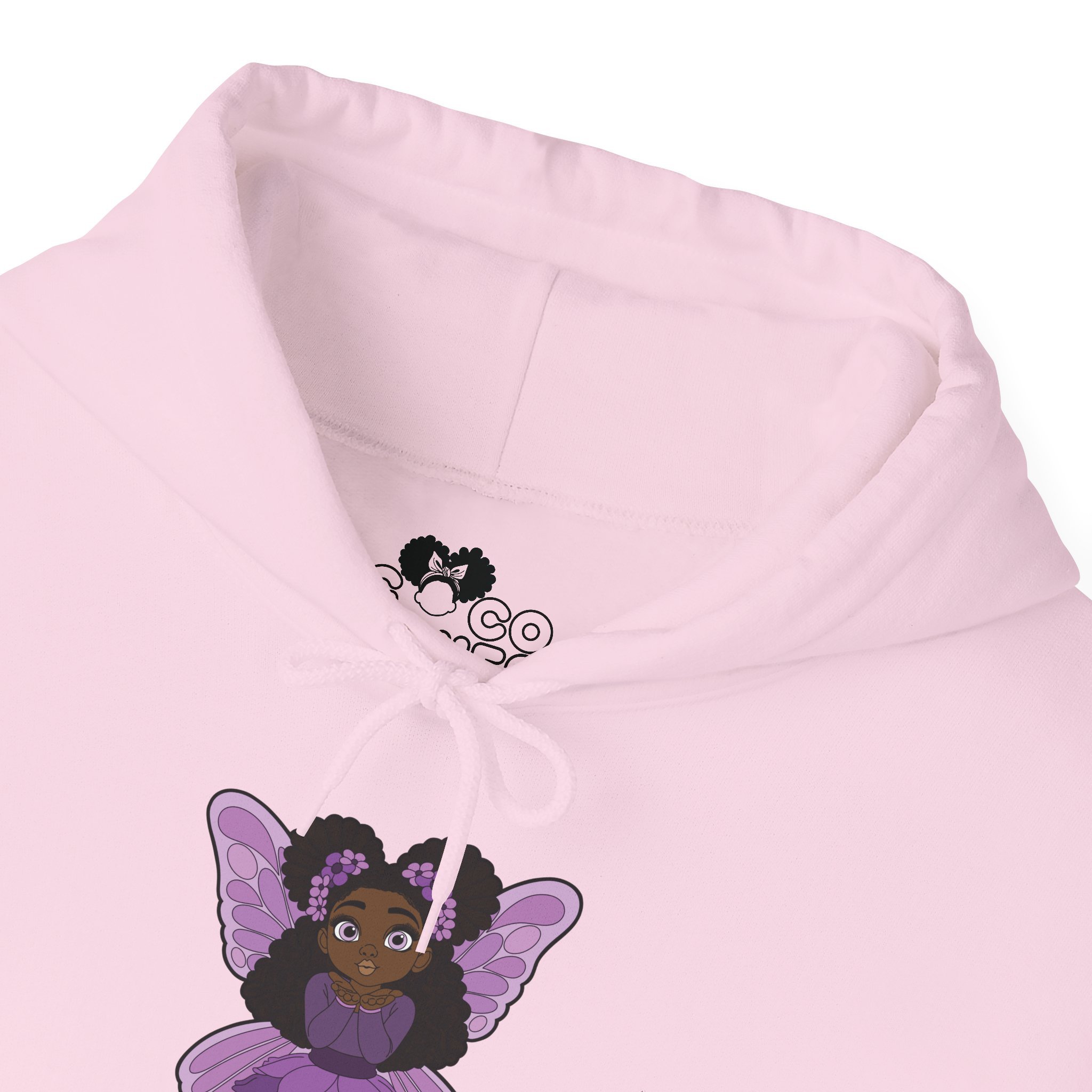 Amber Amazingpuff Women’s Hoodie Sweatshirt by COCO PIXIES featuring a whimsical Black pixie with natural afro puffs, purple wings, and a layered purple dress printed on a soft adult pullover hoodie.