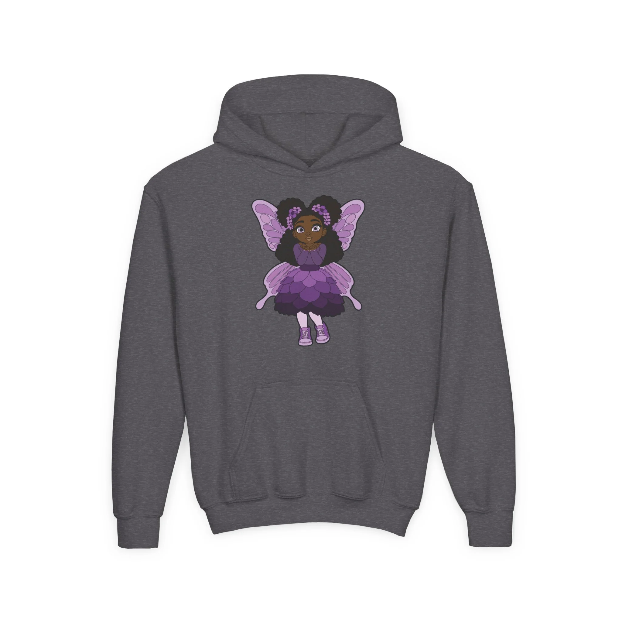 White Amber Amazingpuff Kids Hoodie Sweatshirt by COCO PIXIES featuring original Black pixie artwork with curly afro puffs, purple wings, and a layered purple dress on a soft children’s hoodie.