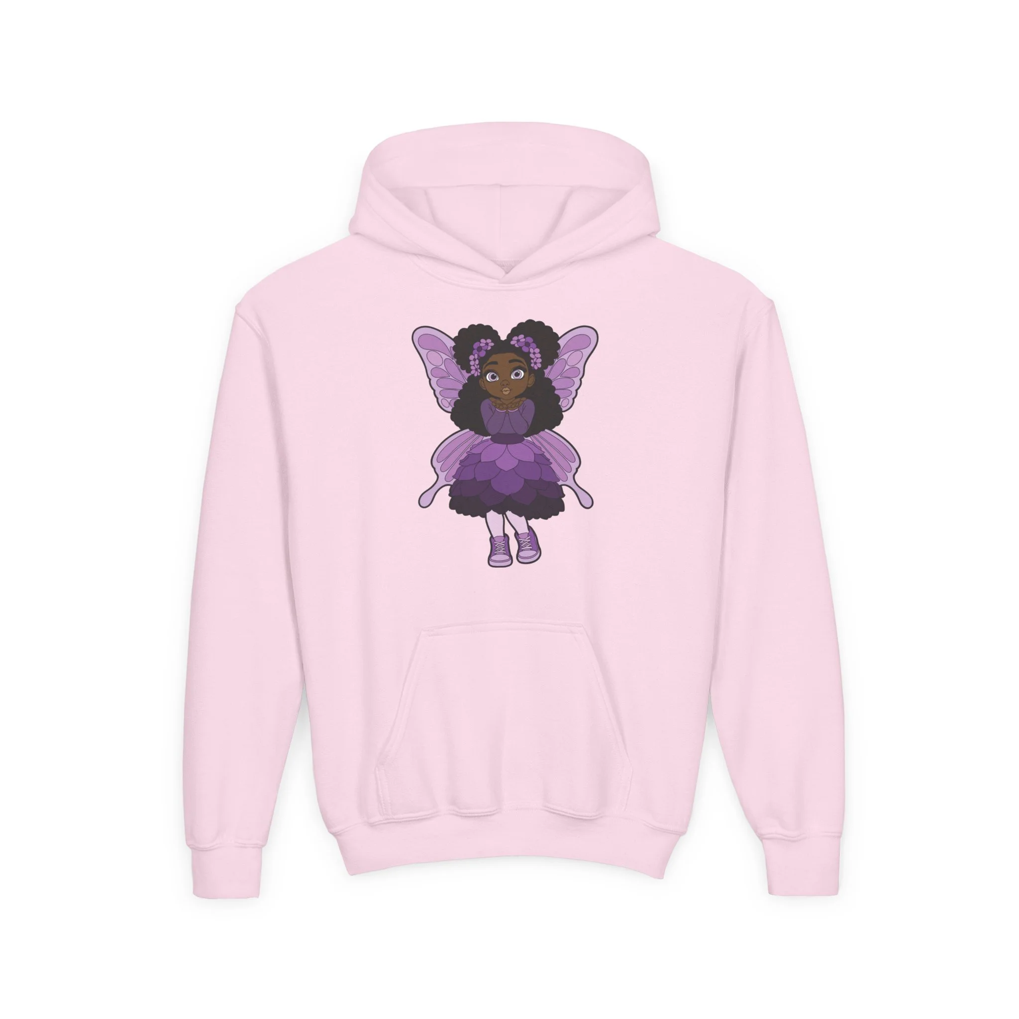 White Amber Amazingpuff Kids Hoodie Sweatshirt by COCO PIXIES featuring original Black pixie artwork with curly afro puffs, purple wings, and a layered purple dress on a soft children’s hoodie.