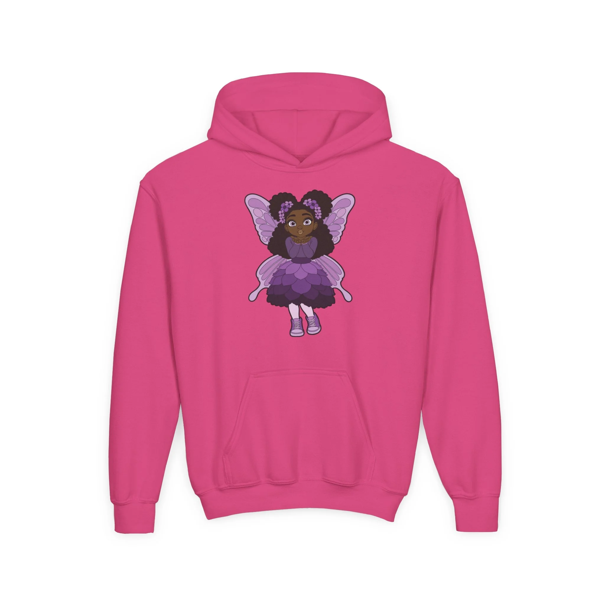 White Amber Amazingpuff Kids Hoodie Sweatshirt by COCO PIXIES featuring original Black pixie artwork with curly afro puffs, purple wings, and a layered purple dress on a soft children’s hoodie.
