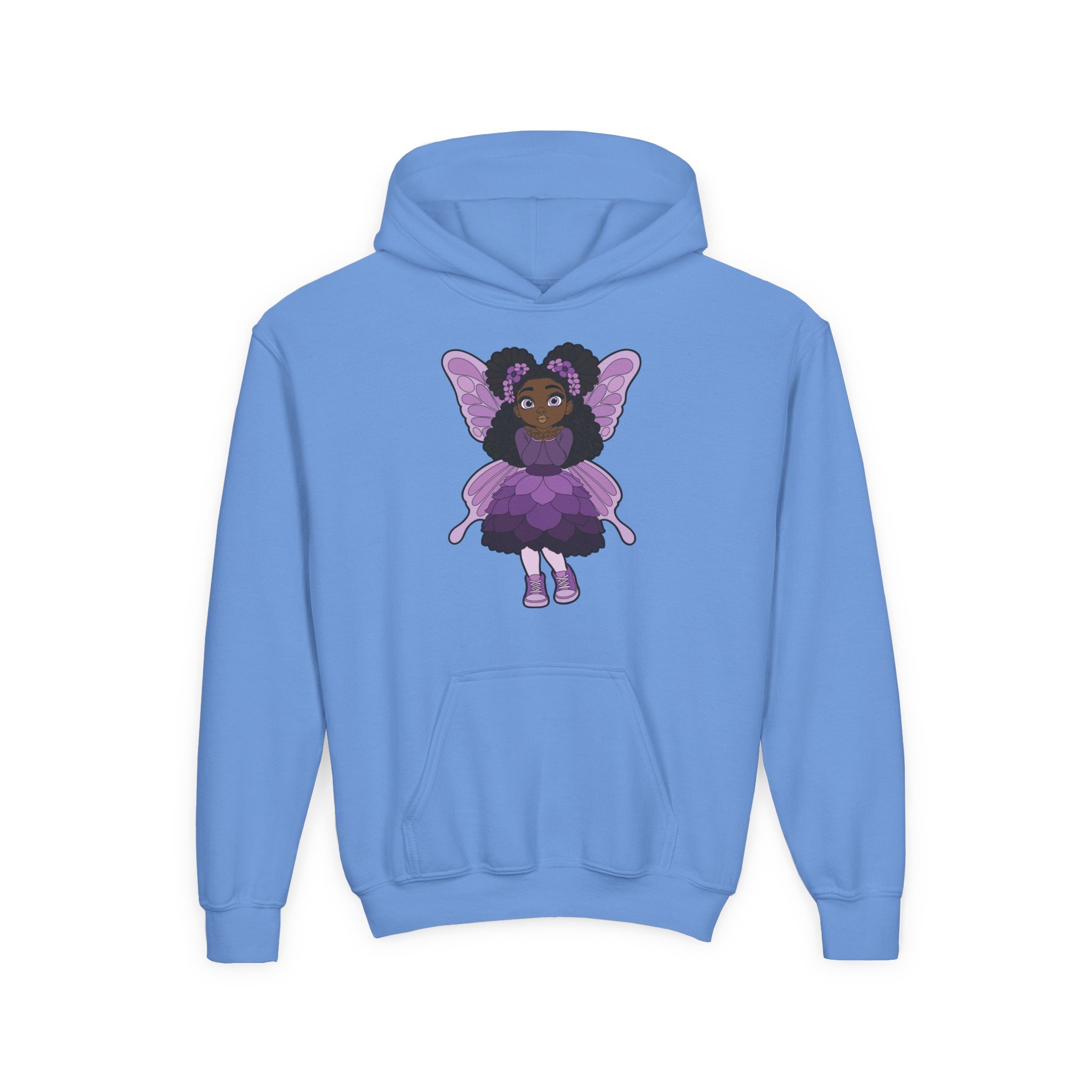 White Amber Amazingpuff Kids Hoodie Sweatshirt by COCO PIXIES featuring original Black pixie artwork with curly afro puffs, purple wings, and a layered purple dress on a soft children’s hoodie.