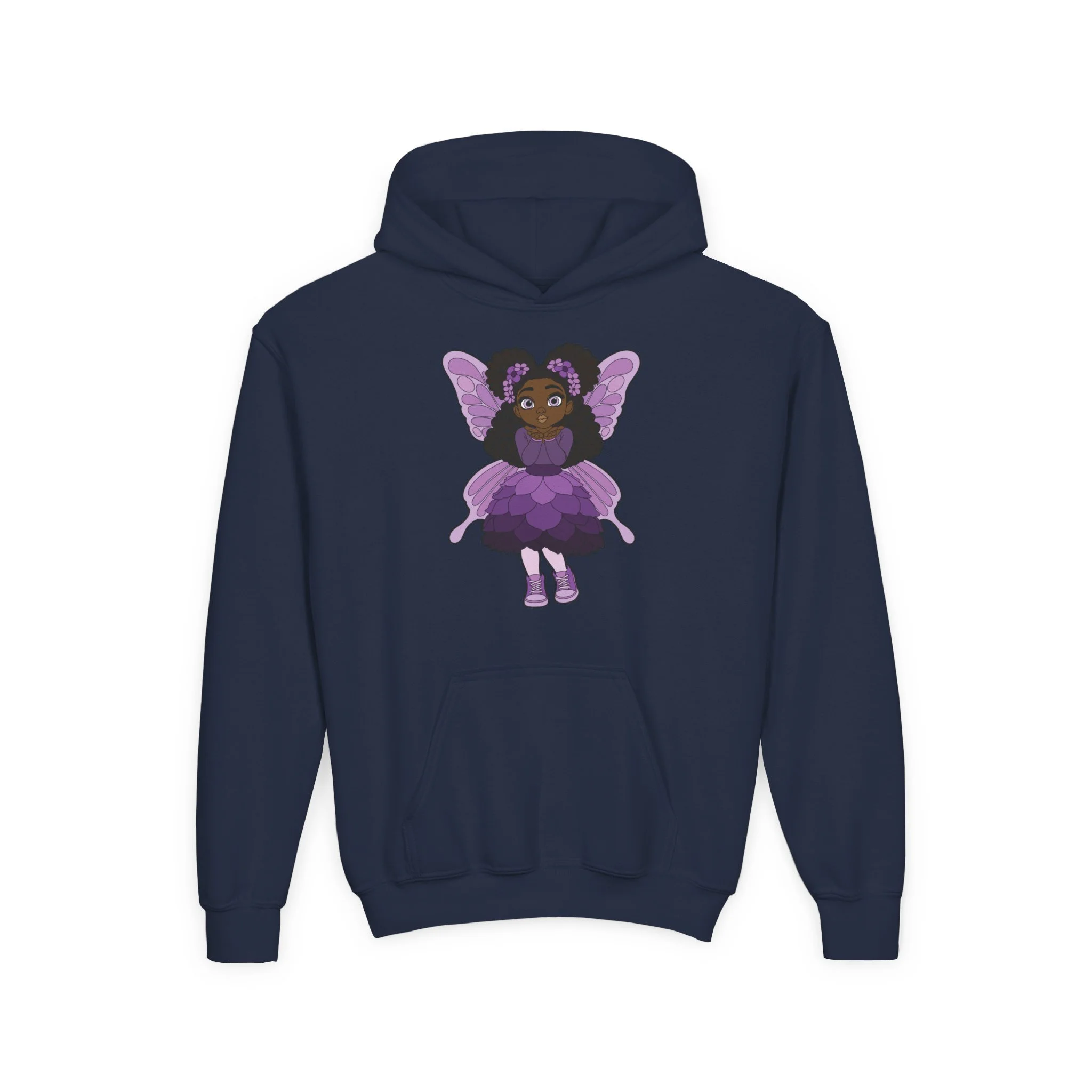 White Amber Amazingpuff Kids Hoodie Sweatshirt by COCO PIXIES featuring original Black pixie artwork with curly afro puffs, purple wings, and a layered purple dress on a soft children’s hoodie.