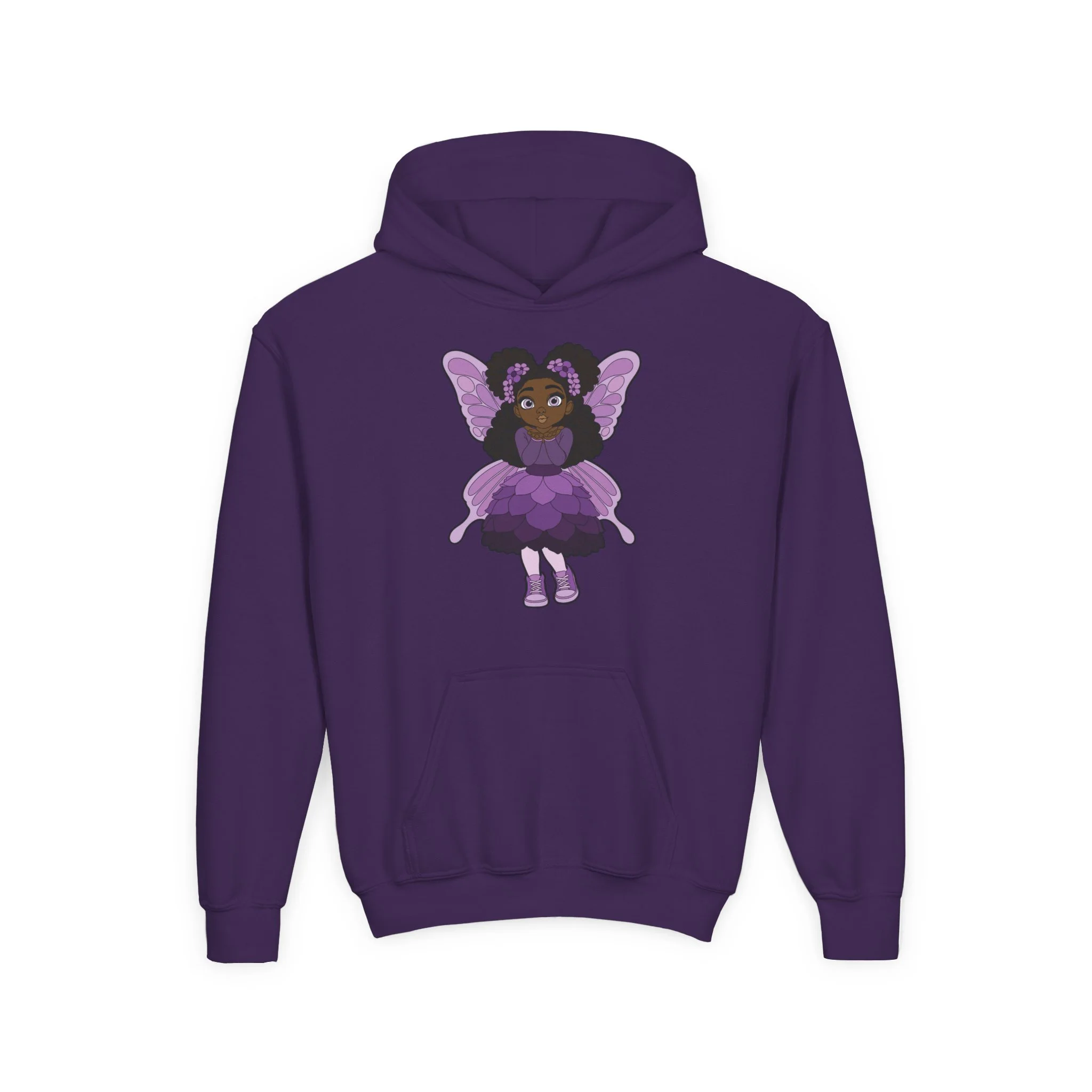 White Amber Amazingpuff Kids Hoodie Sweatshirt by COCO PIXIES featuring original Black pixie artwork with curly afro puffs, purple wings, and a layered purple dress on a soft children’s hoodie.