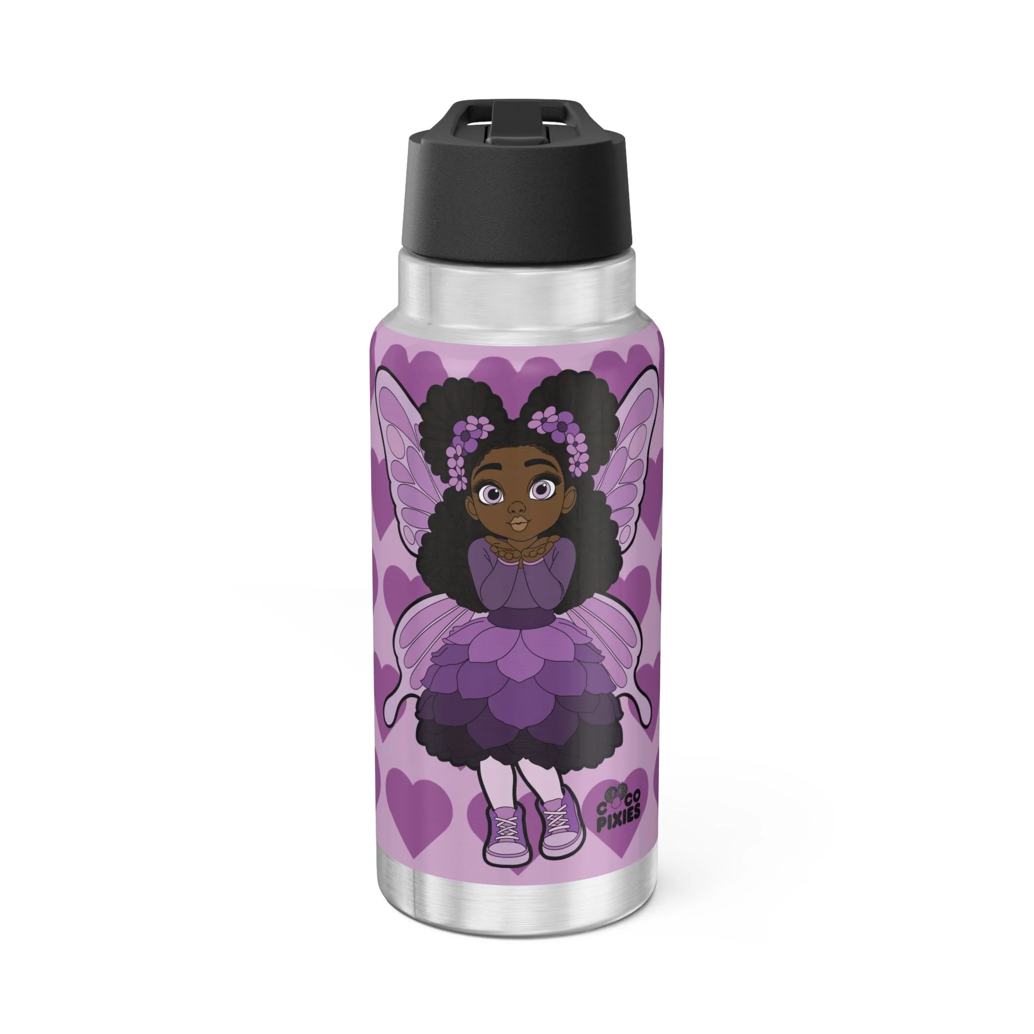 Amber Amazingpuff Pixie Stainless Steel Water Bottle - Coco Pixies Violet Signature Heart Pattern 32oz Tumbler