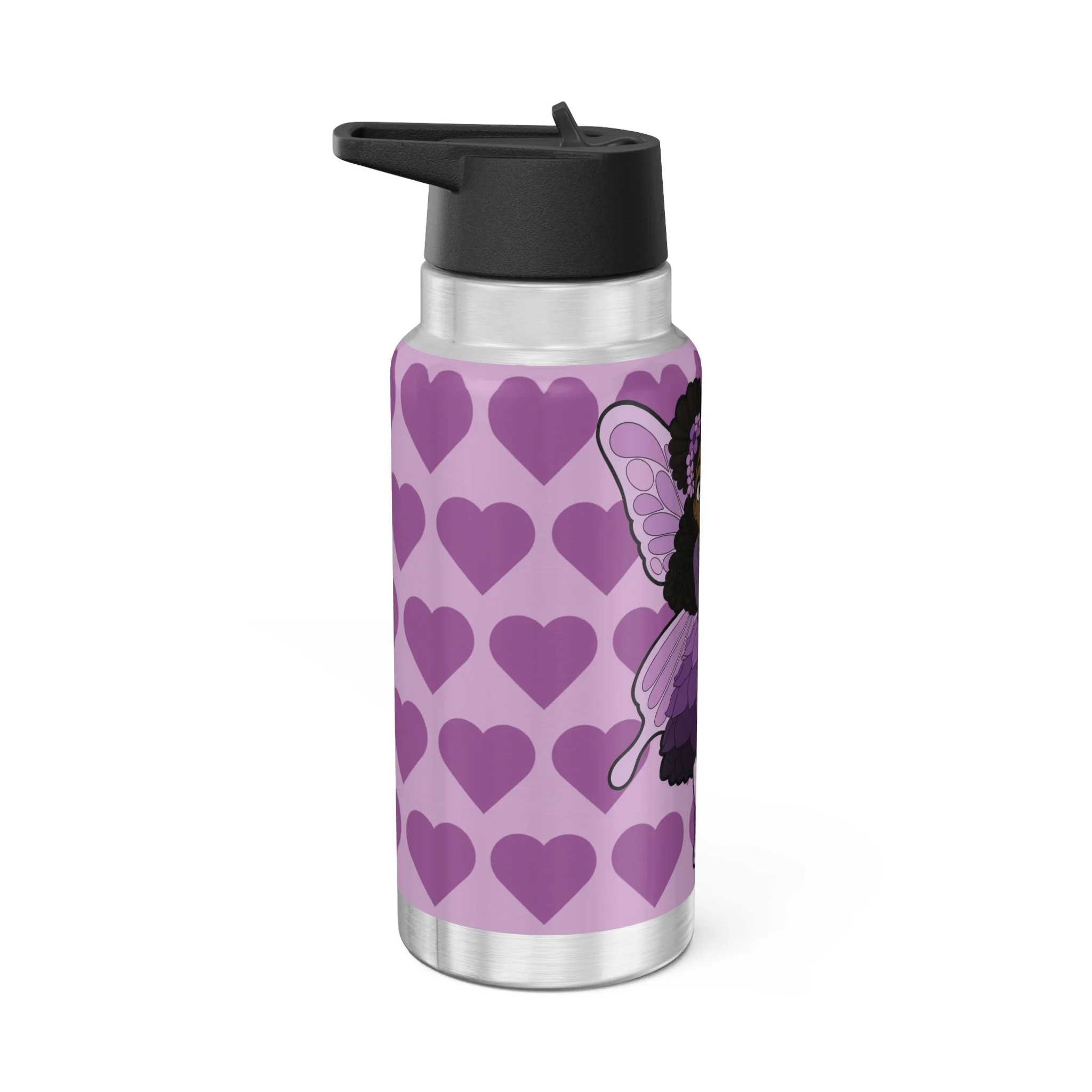 Amber Amazingpuff COCO PIXIES stainless steel insulated water bottle featuring a Black pixie girl with afro puffs, purple wings, heart background, and lavender artwork.