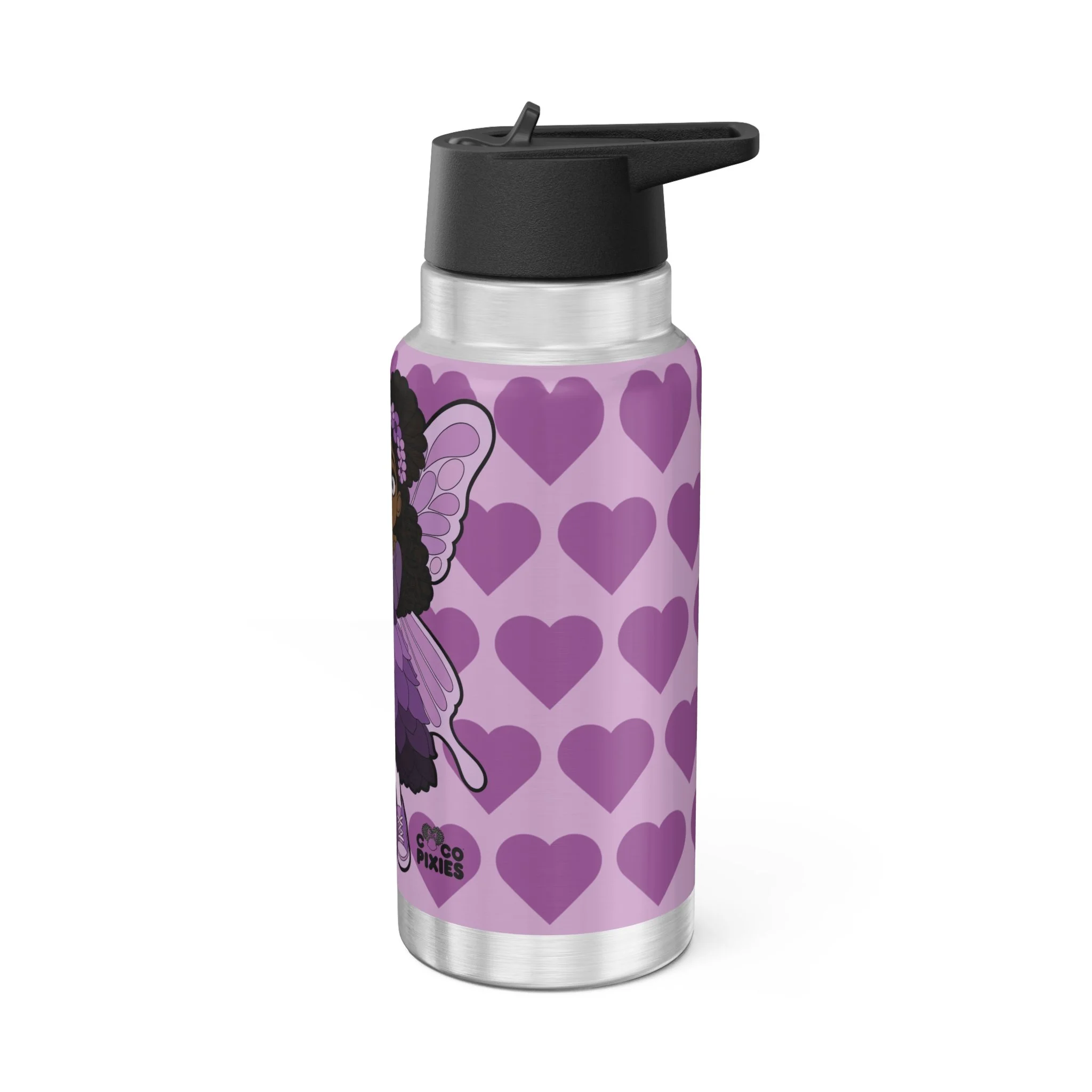 Amber Amazingpuff COCO PIXIES stainless steel insulated water bottle featuring a Black pixie girl with afro puffs, purple wings, heart background, and lavender artwork.