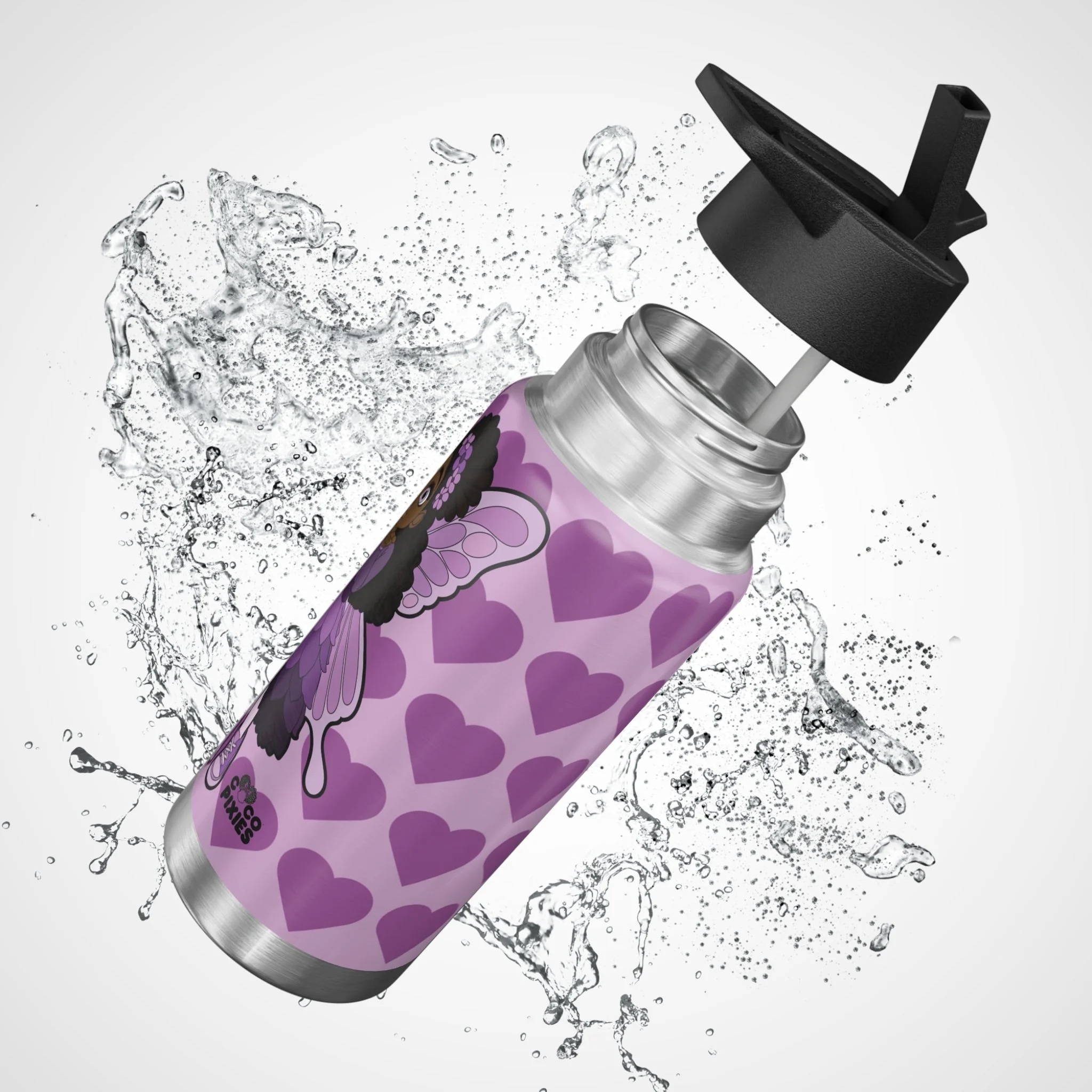 Amber Amazingpuff COCO PIXIES stainless steel insulated water bottle featuring a Black pixie girl with afro puffs, purple wings, heart background, and lavender artwork.