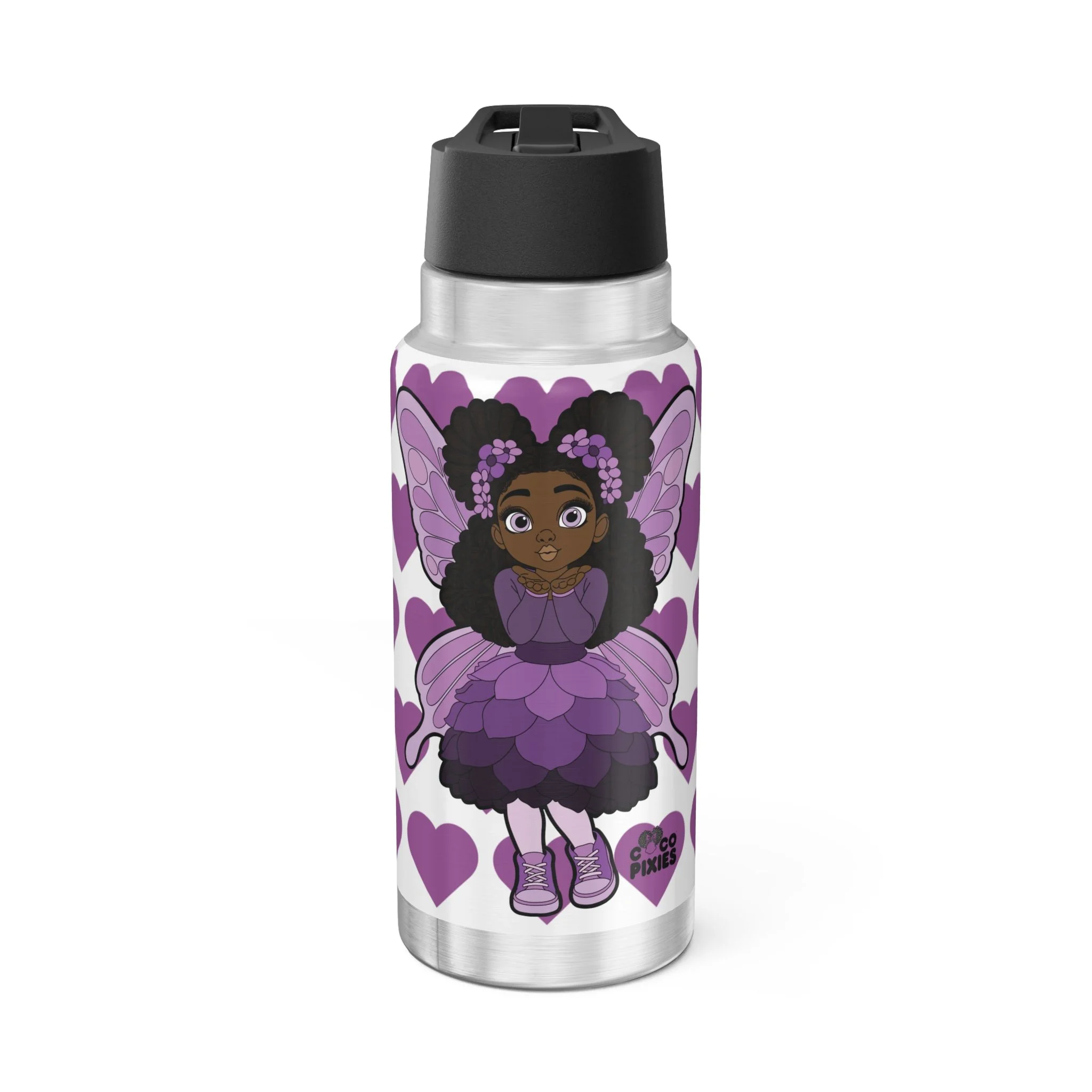 Amber Amazingpuff Pixie Stainless Steel Water Bottle - Coco Pixies Signature Heart Pattern 32oz Tumbler