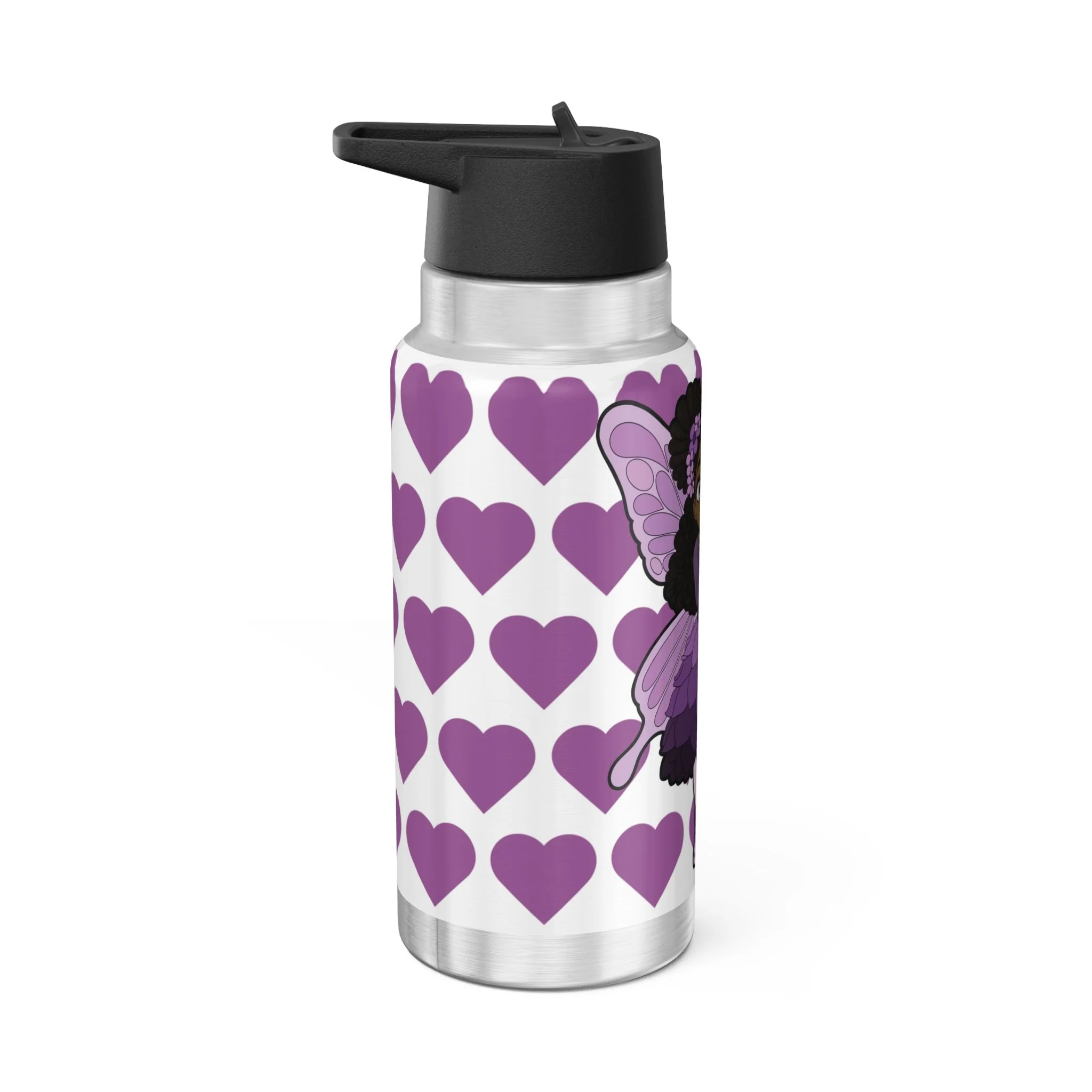 Amber Amazingpuff COCO PIXIES stainless steel insulated water bottle featuring a Black pixie with afro puffs, lavender wings, purple dress, and heart pattern.