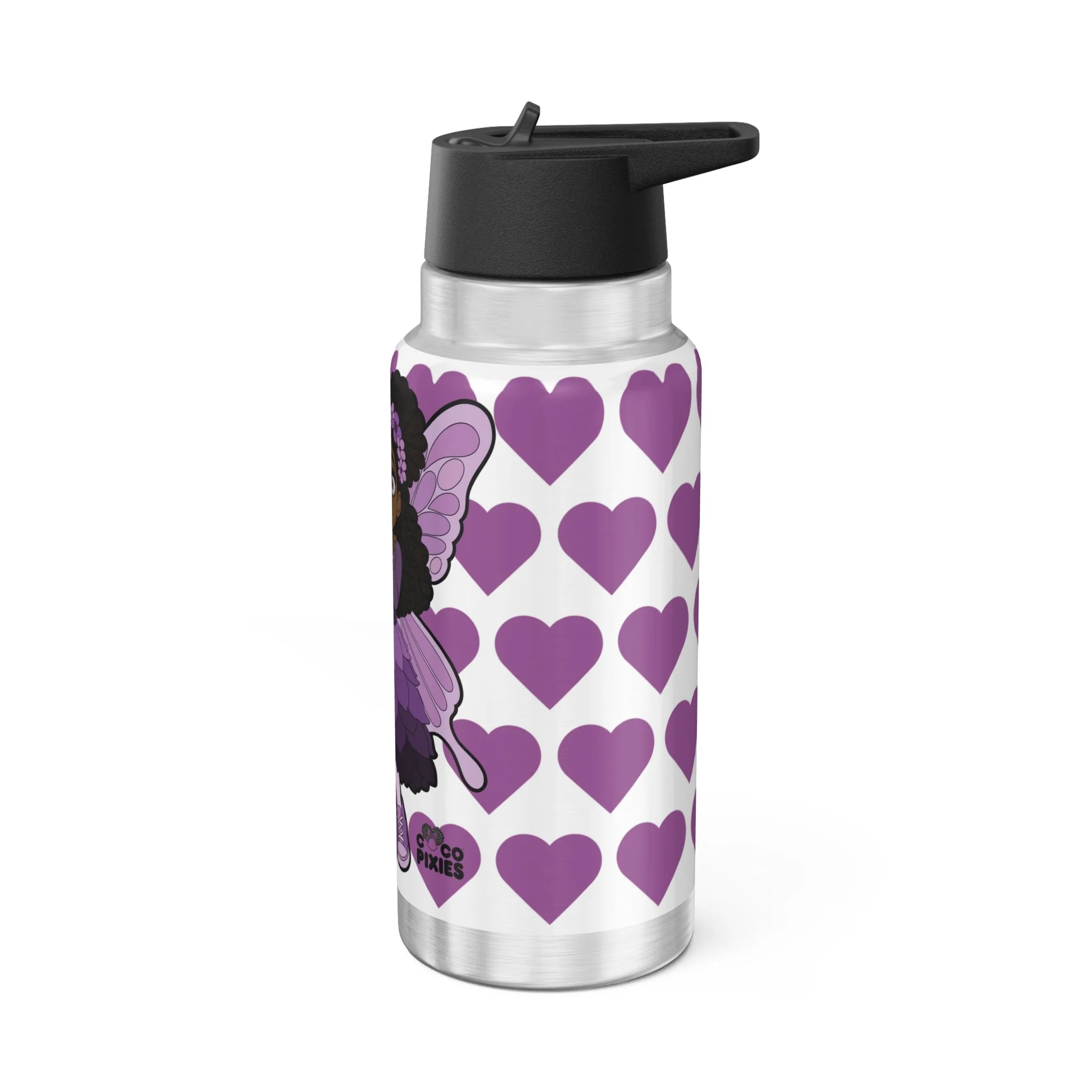 Amber Amazingpuff COCO PIXIES stainless steel insulated water bottle featuring a Black pixie with afro puffs, lavender wings, purple dress, and heart pattern.