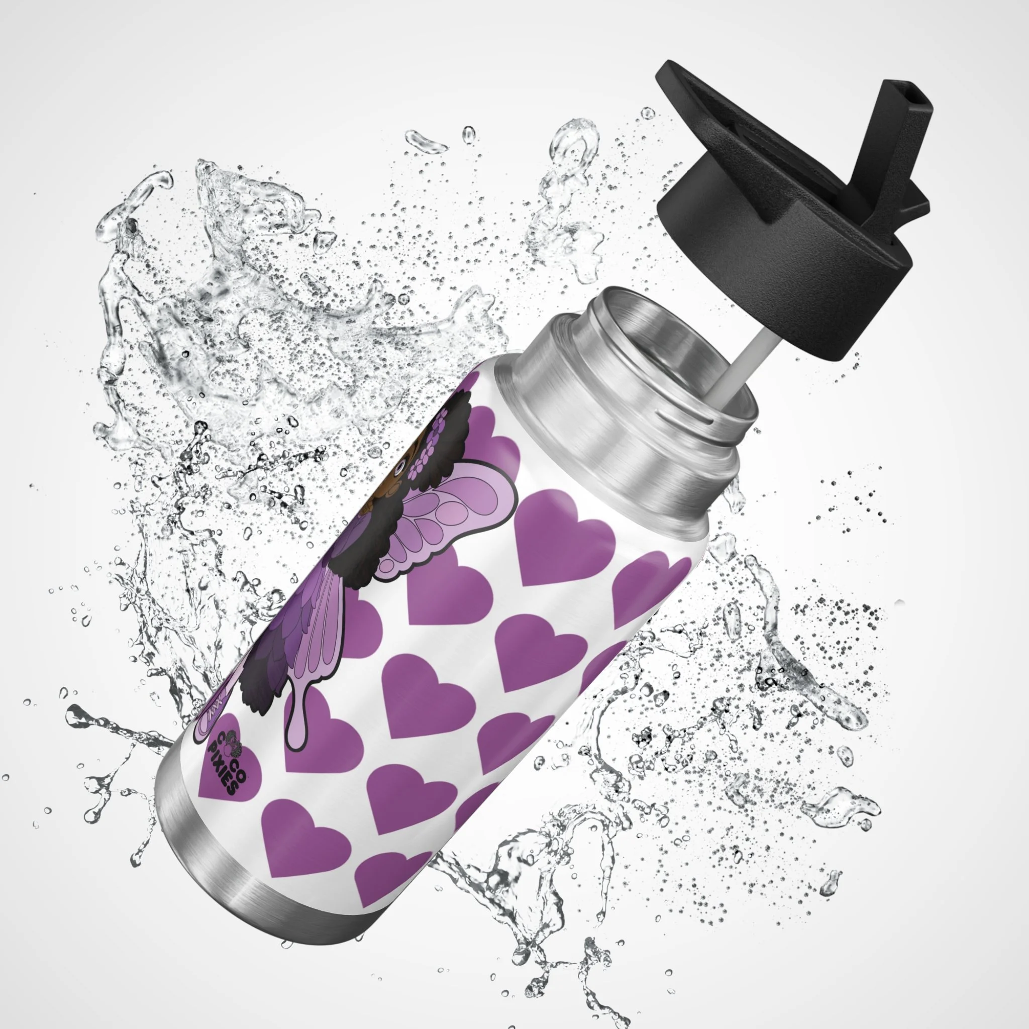 Amber Amazingpuff COCO PIXIES stainless steel insulated water bottle featuring a Black pixie with afro puffs, lavender wings, purple dress, and heart pattern.