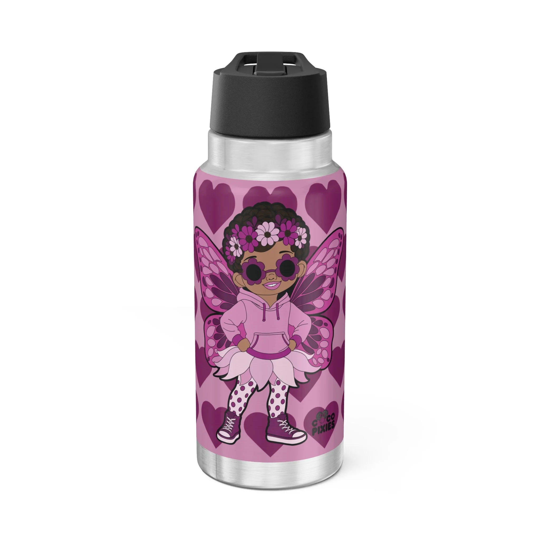 Teonna Twinklepuff Pixie Stainless Steel Water Bottle - Coco Pixies Berry Signature Heart Pattern 32oz Tumbler