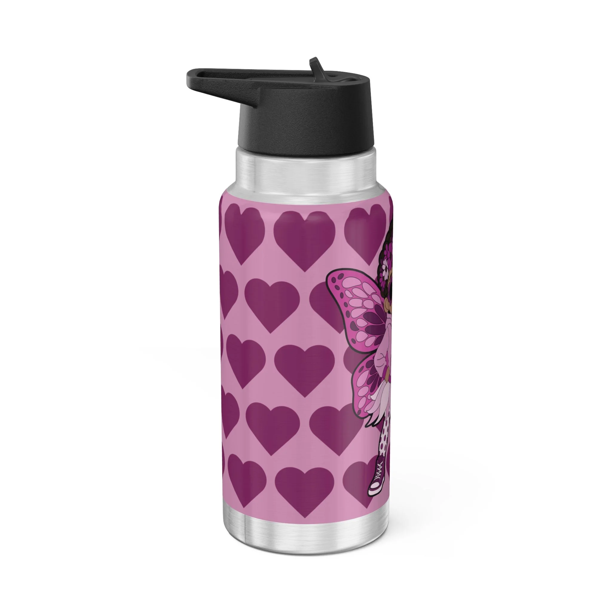 Teonna Twinklepuff stainless steel insulated water bottle by COCO PIXIES featuring a Black pixie with afro puffs, pink wings, flower crown, heart pattern, and reusable leak-resistant design.