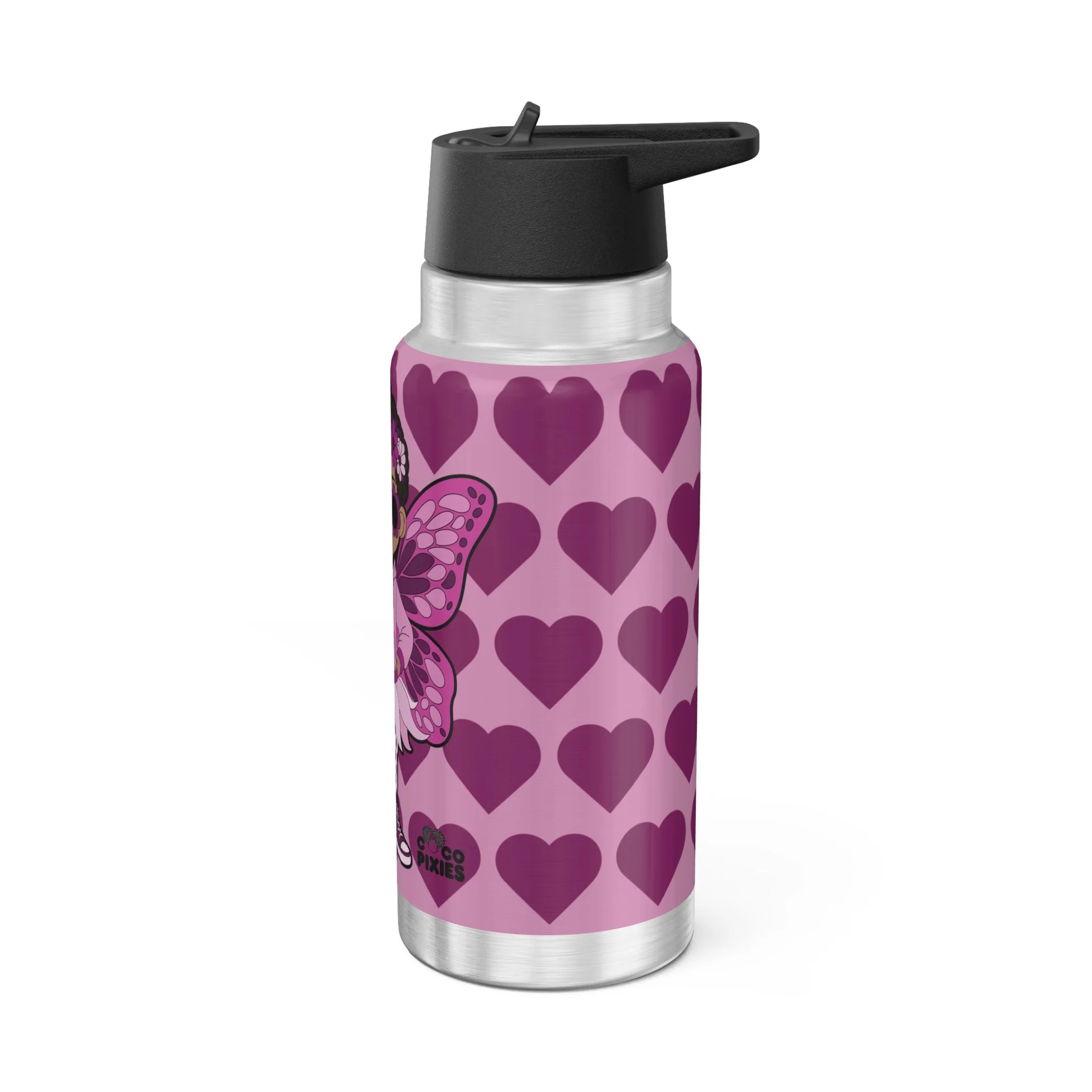 Teonna Twinklepuff stainless steel insulated water bottle by COCO PIXIES featuring a Black pixie with afro puffs, pink wings, flower crown, heart pattern, and reusable leak-resistant design.
