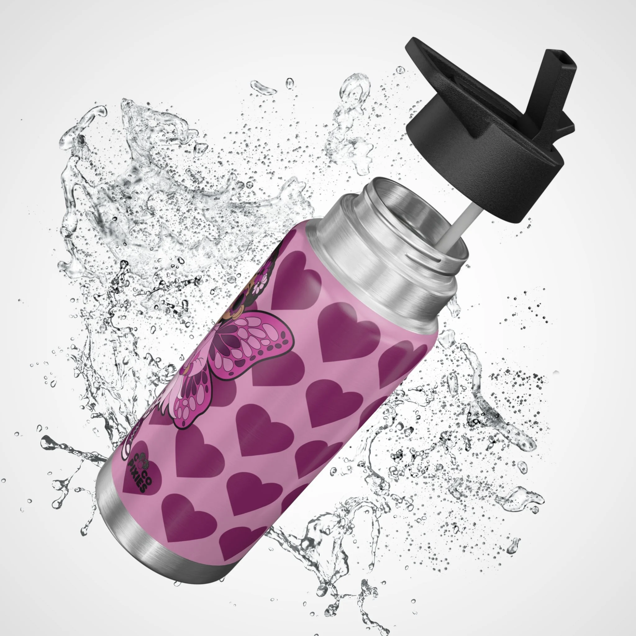 Teonna Twinklepuff stainless steel insulated water bottle by COCO PIXIES featuring a Black pixie with afro puffs, pink wings, flower crown, heart pattern, and reusable leak-resistant design.