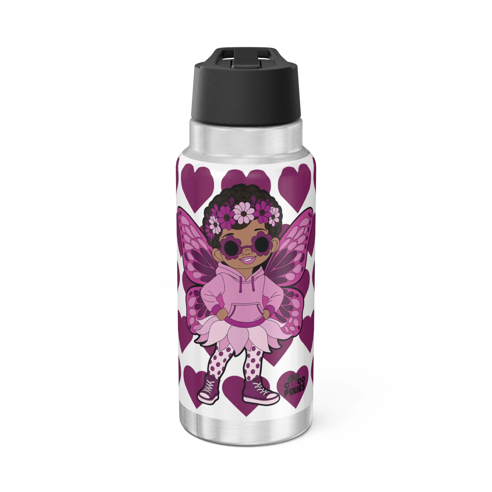 Teonna Twinklepuff Pixie Stainless Steel Water Bottle by COCO PIXIES featuring a Black pixie with afro puffs, pink wings, flower crown, heart pattern, insulated 32oz tumbler with leak-resistant lid.
