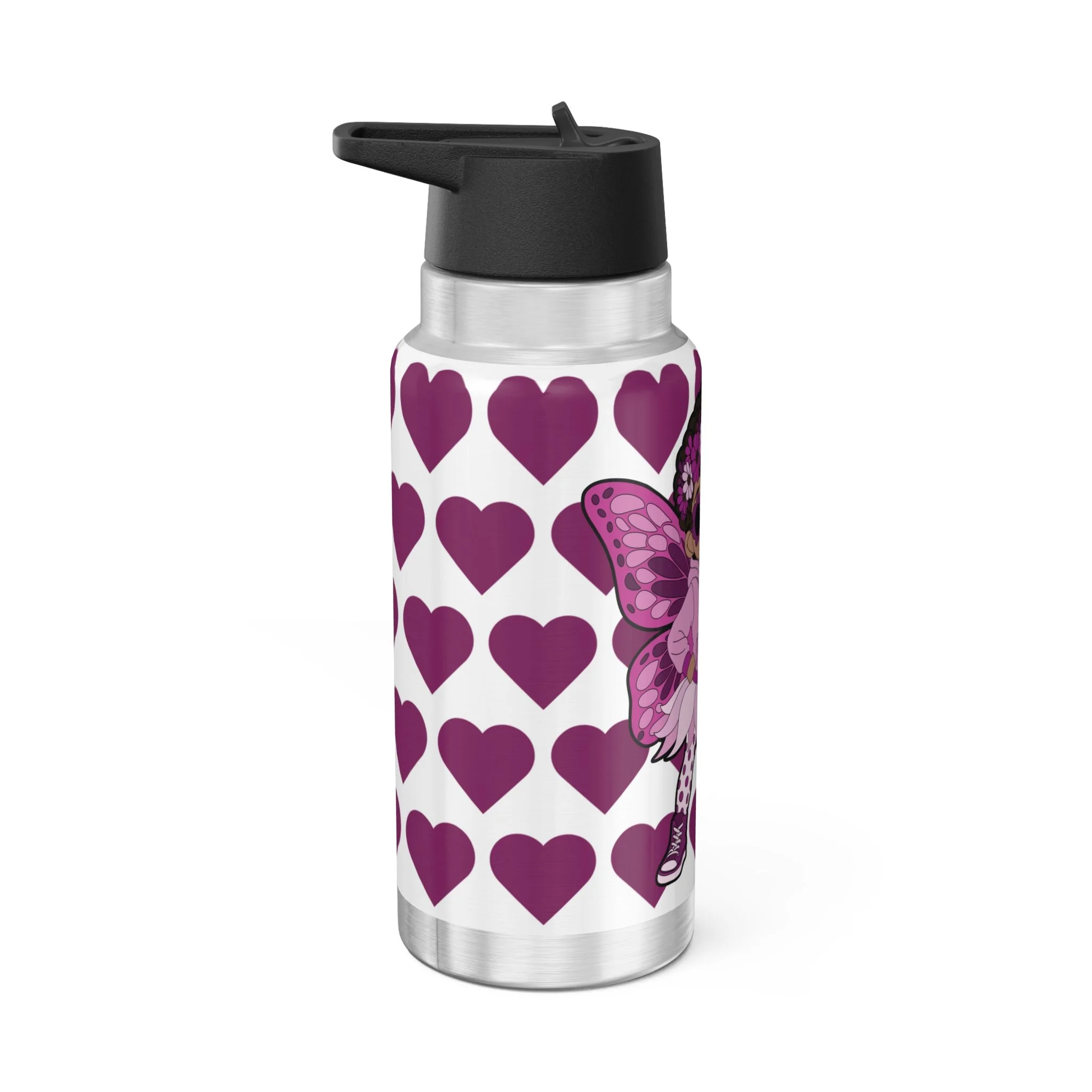 Teonna Twinklepuff Pixie Stainless Steel Water Bottle by COCO PIXIES featuring a Black pixie with afro puffs, pink wings, flower crown, heart pattern, insulated 32oz tumbler with leak-resistant lid.