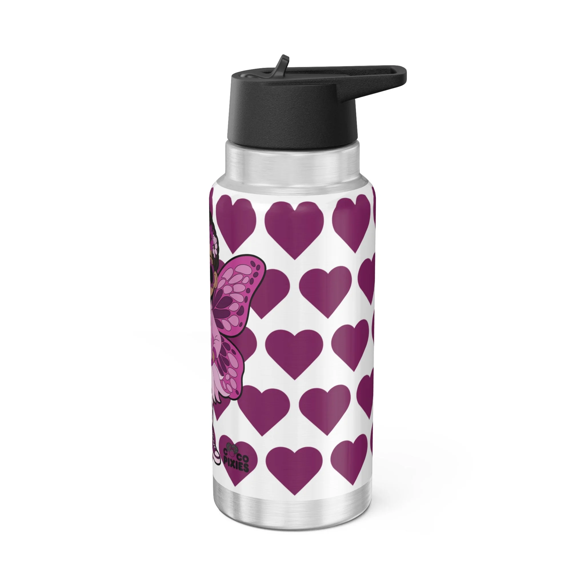 Teonna Twinklepuff Pixie Stainless Steel Water Bottle by COCO PIXIES featuring a Black pixie with afro puffs, pink wings, flower crown, heart pattern, insulated 32oz tumbler with leak-resistant lid.