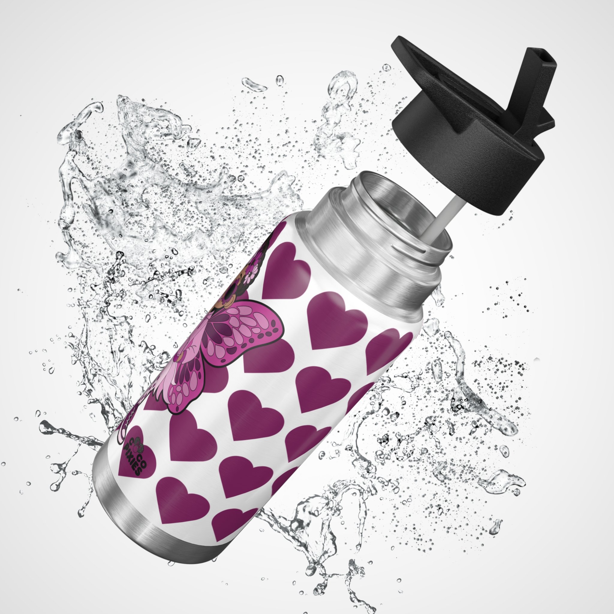 Teonna Twinklepuff Pixie Stainless Steel Water Bottle by COCO PIXIES featuring a Black pixie with afro puffs, pink wings, flower crown, heart pattern, insulated 32oz tumbler with leak-resistant lid.