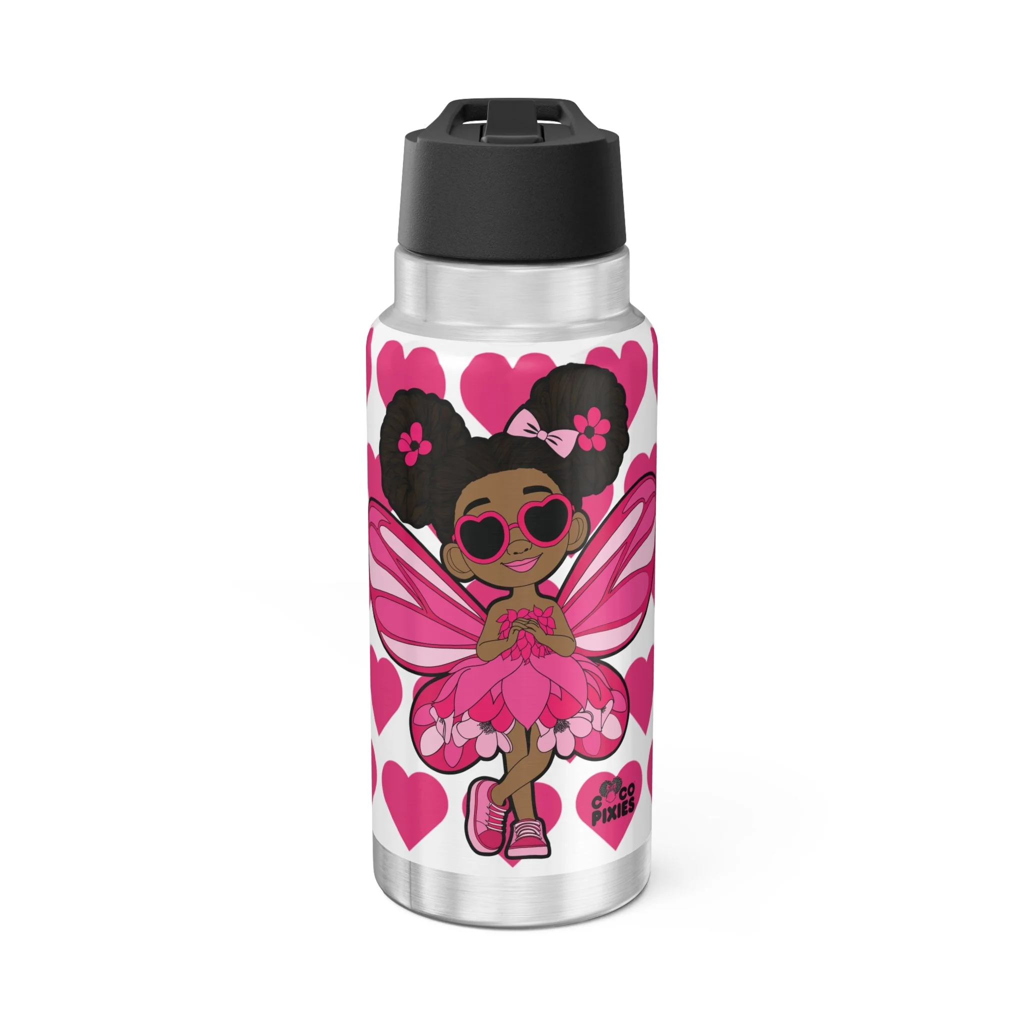 Glitzy Gracelynn Pixie Stainless Steel Water Bottle by Coco Pixies featuring pink heart pattern, insulated 32oz tumbler with whimsical Black pixie character and double-wall stainless steel design.