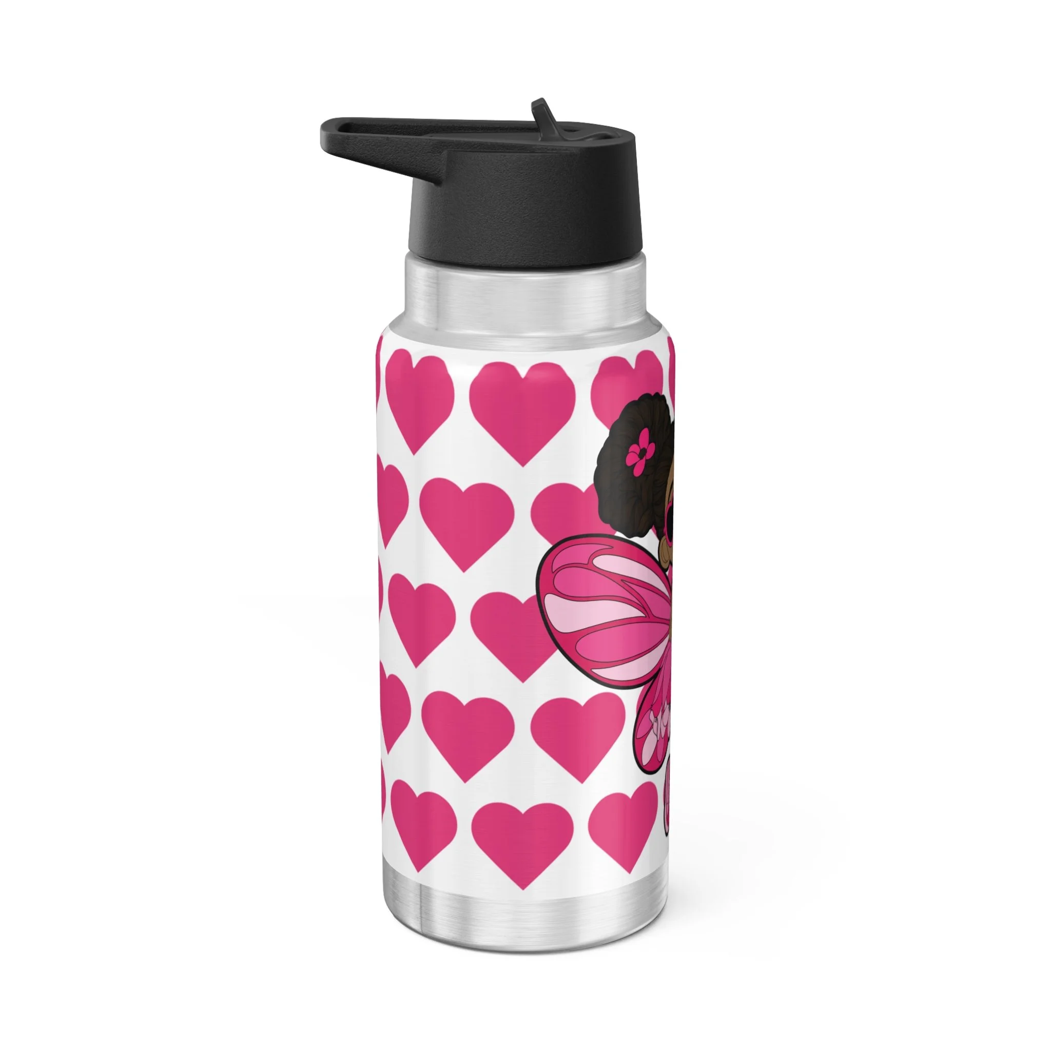 Glitzy Gracelynn Pixie Stainless Steel Water Bottle by Coco Pixies featuring pink heart pattern, insulated 32oz tumbler with whimsical Black pixie character and double-wall stainless steel design.
